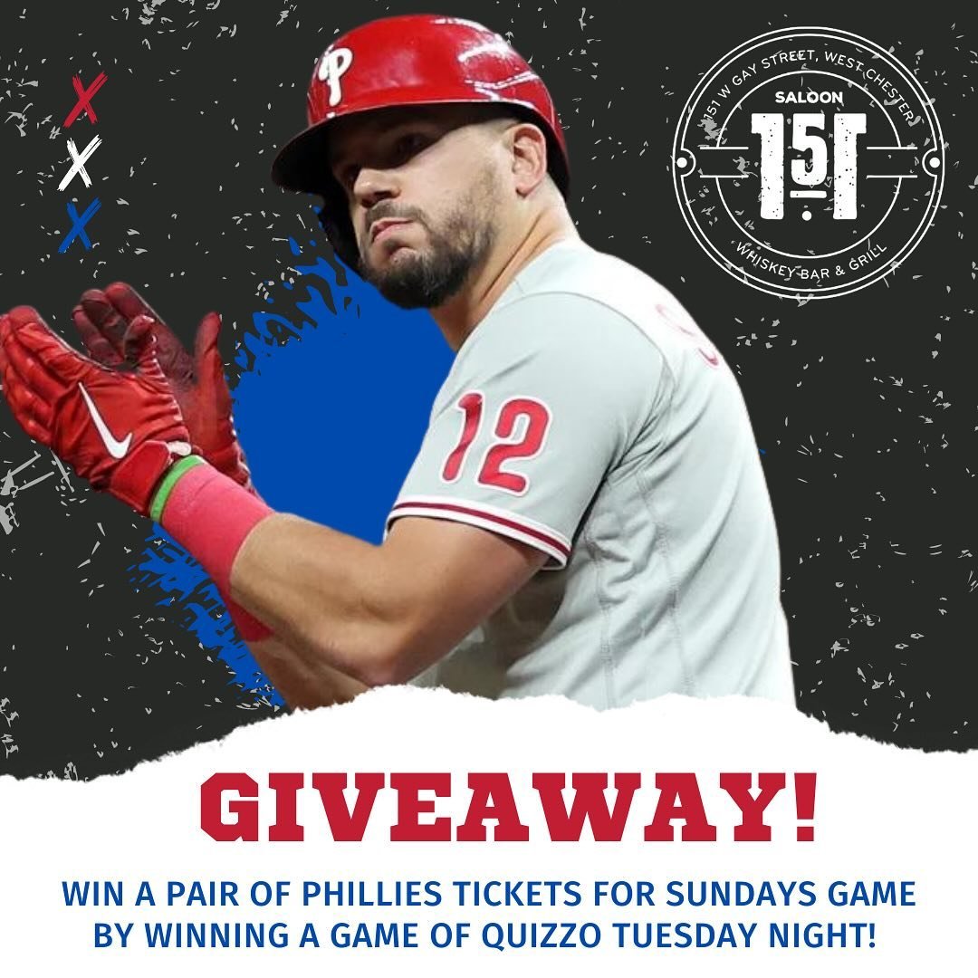 ⚾️ 2 chances to win a pair of Phillies tickets to Sundays Game (5/19) ⚾️ Win a game of Quizzo on Tuesday night or Win a round of Music Bingo Wednesday Night! Go Phils! #phillies #quizzo #musicbingo #westchesterpa #downtownwestchesterpa #wcupa #wcuofp