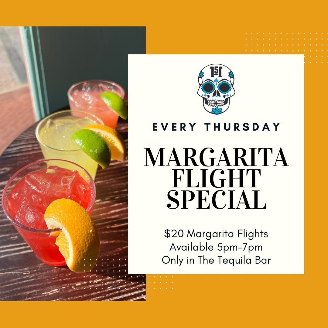 The Tequila Bar opens at 5pm today w/ $20 Margarita Flights 5pm-7pm 💀 PowerHour w/ @tealtuesday at 11pm 🎧 It&rsquo;s Wing Day! 🍗👑 10 Wings for $8. Tossed in Your Choice of Any Sauce. Served with Blue Cheese or Ranch and Celery. 
*All food special
