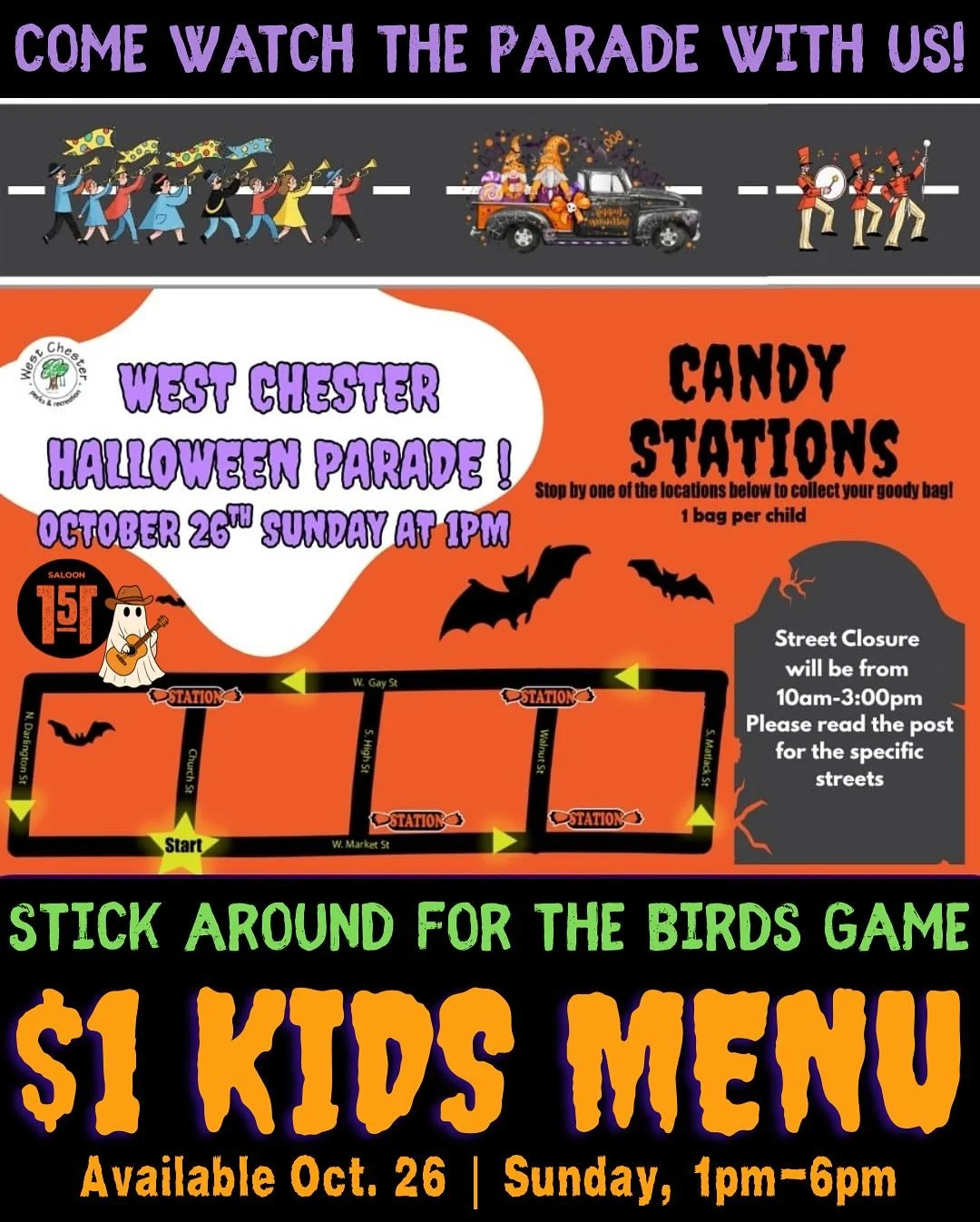 🎃 Sunday Funday + Halloween Parade + Birds Game = One Epic Day at Saloon 151! 🦅
👻 West Chester Halloween Parade kicks off at 1PM, and we’ve got $1 Kids Meals from 1–6PM for guests 12 & under — perfect for families on parade