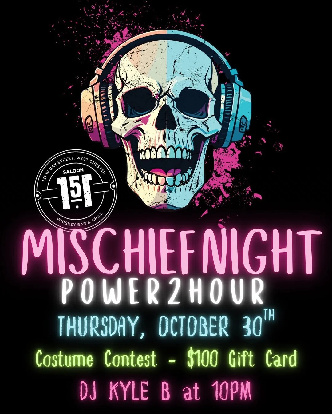 đ Mischief Night at Saloon 151! đ§ 
Get spooky TONIGHT for a wild Power2Hour with DJ Kyle B kicking off at 10PM! đēđ @dj_kyleb 
đģ Costume Contest = $100 Gift Card
đ 10 Wings for $8 all day — your choice of killer sauces like Truffle Parm,