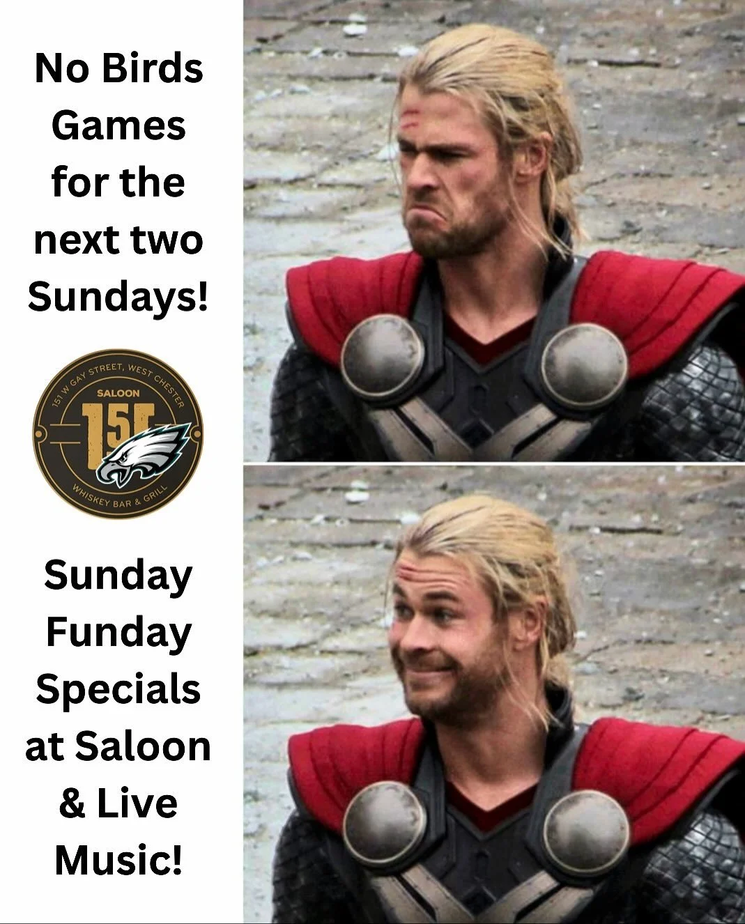 No Birds? No problem. 🦅
It&rsquo;s still Sunday Funday at Saloon 151!

🍺 $3 Miller Lites 😋 $8 Cheesesteaks &amp; $9 Saloon Fries All Day | ☀️ $25 Sun Cruiser Buckets 8-11PM
🎶 Live Music w/ @_harnett at 4PM + In The Biz 25% Off after 9PM

#SundayF