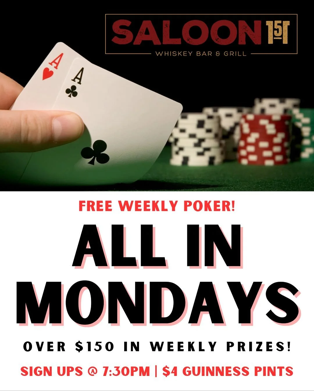 &spades;️&hearts;️&clubs;️&diams;️ All In Mondays &ndash; Free Weekly Poker Night!
🃏 Sign-ups start at 7:30PM &ndash; bring your poker face and win big. 🍔 Burger Monday &ndash; Every burger on our menu is discounted, or Build Your Own Burger starti