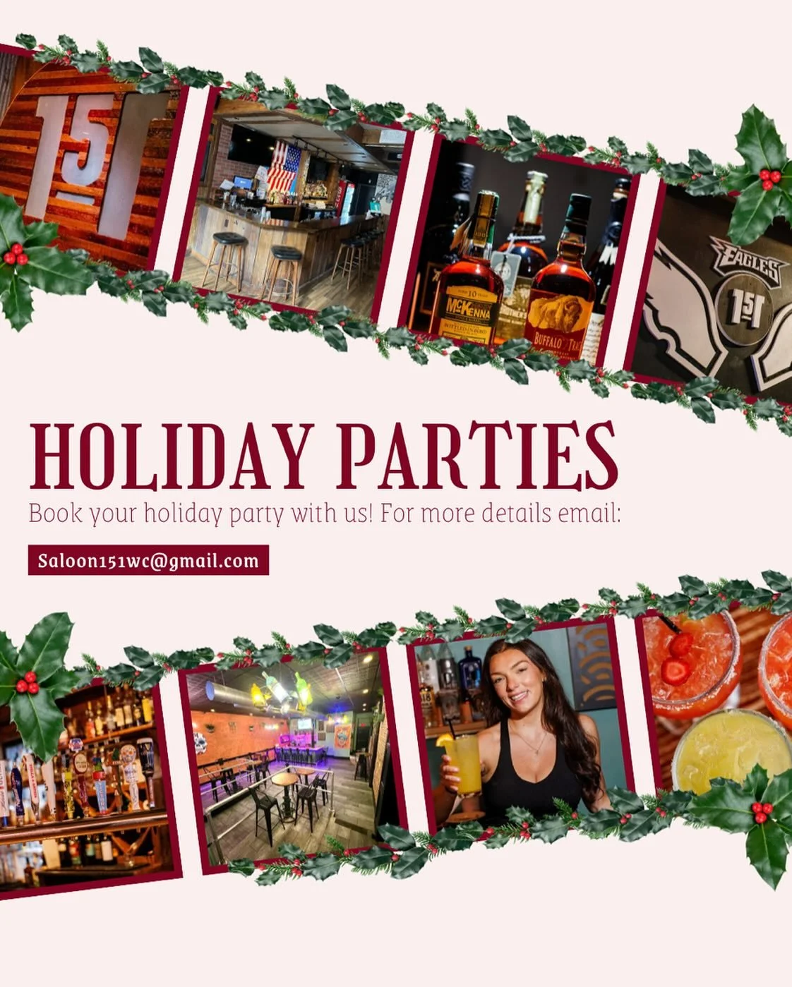 🎄✨ Host Your Holiday Party at Saloon 151! ✨🎄

Looking for the perfect spot for your holiday celebration?
Enjoy a fully catered private event with your own bartender/server with us!

🎁 Perfect for:
✔️ Holiday Parties
✔️ Office Gatherings
✔️ Friends