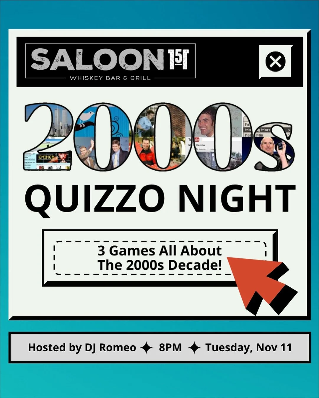 🎶🧠 2000s QUIZZO NIGHT! 🧠🎶
All your favorite throwbacks &mdash; music, movies, pop culture &amp; more from the 2000s!
📅 Tuesday, Nov 11 | 8PM
🎤 Hosted by DJ Romeo
🏆 Prizes for the top 3 teams each game!

🍟 &frac12;-Price Nachos &amp; Entr&eacu