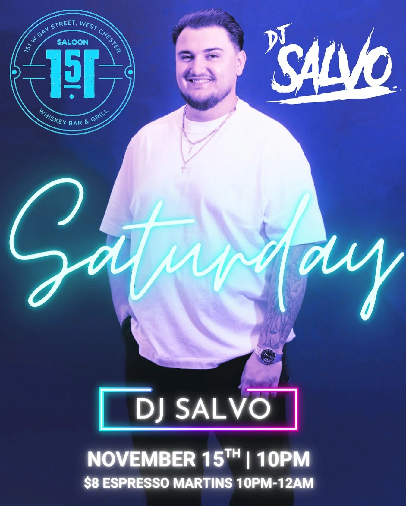 Happy Saturday 🪩 @dj_salvo 🎧 spinning late-night vibes 10PM&ndash;2AM &mdash; the party starts and ends here! Come enjoy $4 Modelos all day &amp; some great chef specials all weekend 😋 

📍 151 W Gay Street &middot; West Chester, PA
#Saloon151 #We