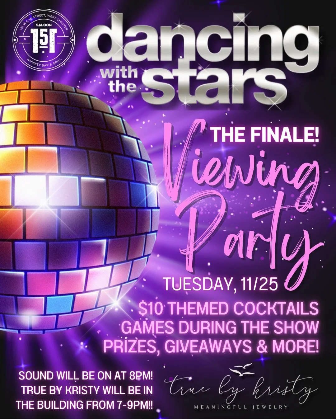 It&rsquo;s finale night for Dancing With the Stars and we&rsquo;re throwing the ultimate Viewing Party! 💃✨
Join us Tuesday, 11/25 for $10 themed cocktails, games during the show, prizes, giveaways &amp; so much more.

🎧 Sound ON at 8pm
💎 True by K