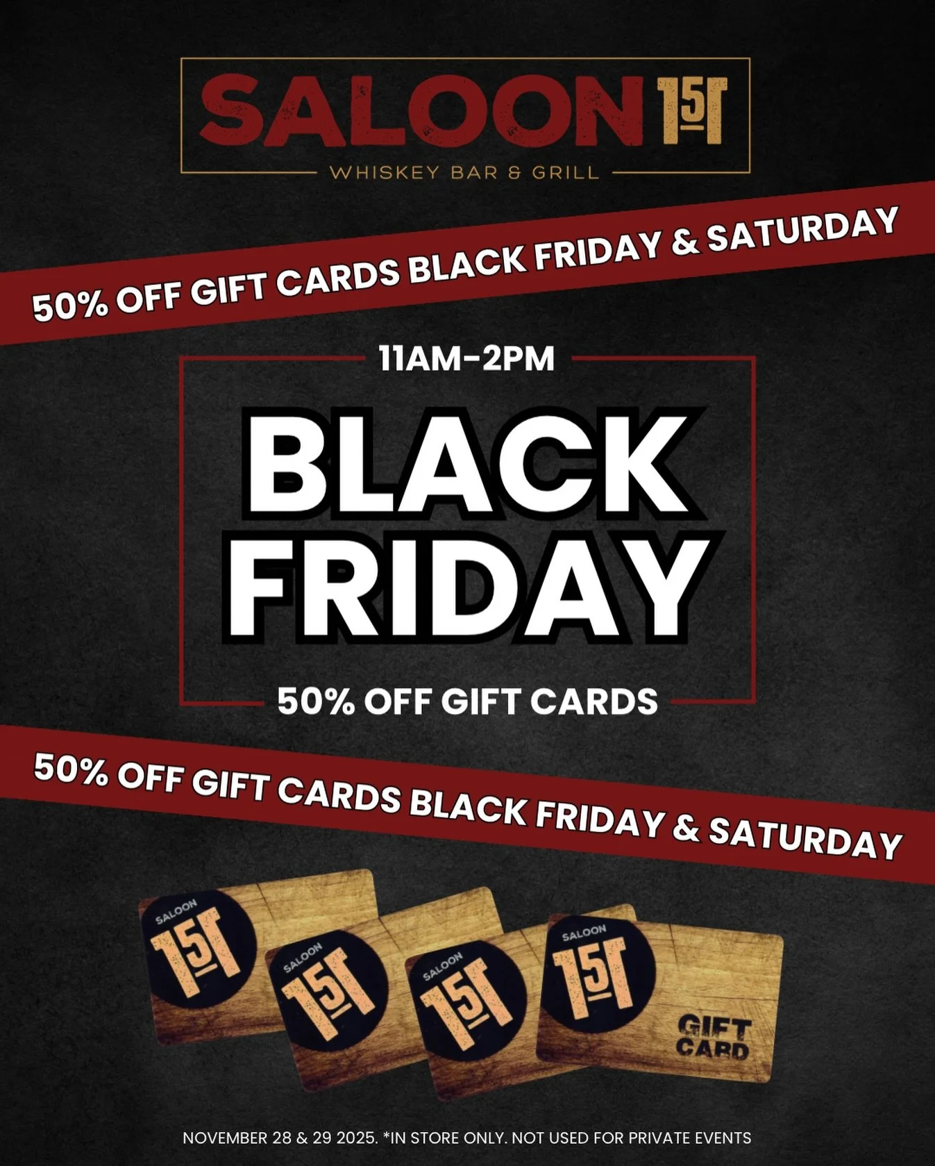 Our biggest deal of the year is here!
Black Friday &amp; Saturday (11AM&ndash;2PM) enjoy 50% OFF gift cards at Saloon 151.
Treat yourself, stock up, or knock out your holiday shopping early. 🎁✨
In-store only. November 28 &amp; 29, 2025