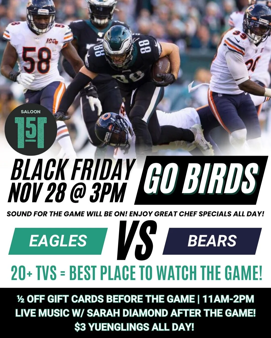 🍻 Cheers to Black Friday! Birds Game at 3pm 🍺 $3 Yuenglings All Day - Live Music w/  @sarahdiamondmusic at 6pm 🎙️ Karaoke in The Tequila Bar! Signups at 10pm w/ @spyder_ent 🎤 @tjackthornton starts up at 10pm in main bar 🎧 $5 Sun Cruisers &amp; $