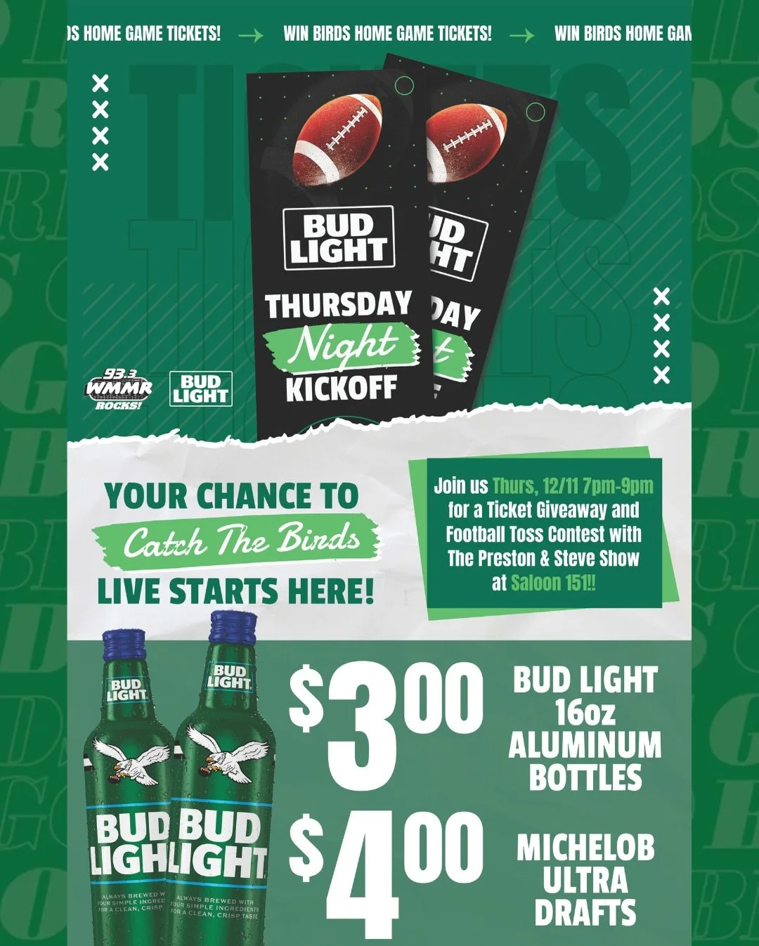 🎉 TONIGHT! 🎉
Thursday Night Kickoff at Saloon 151!

Join us 7&ndash;9pm for:
🏈 Birds home ticket giveaway
🏈 Football Toss Contest w/ The Preston &amp; Steve Show
🍺 $3 Bud Light 16oz Aluminum Bottles
🍺 $4 Mich Ultra Drafts

PLUS&hellip; it&rsquo
