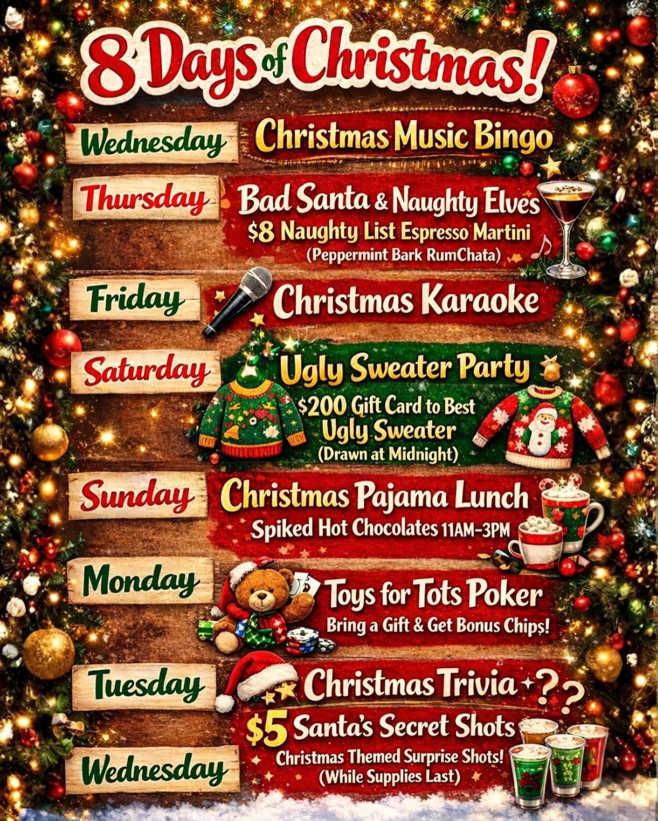 🎄✨ 8 DAYS OF CHRISTMAS at Saloon 151 ✨🎄
Music Bingo, Bad Santa, Karaoke, Ugly Sweaters, Pajamas, Trivia &amp; more! 🍸🎤🧶

Festive drinks, holiday chaos, and nonstop fun all week long 🎅🍻
📍 Saloon 151 | West Chester

#8DaysofChristmas #Saloon151
