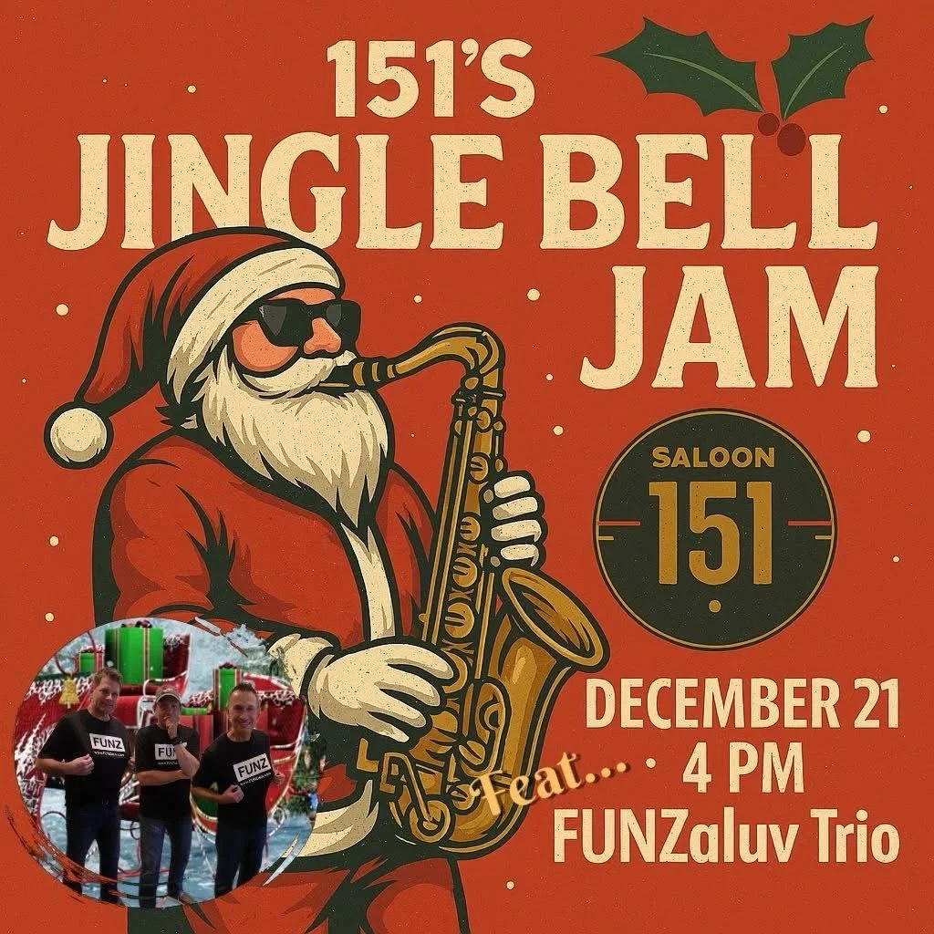 Sunday Funday done right 😎🎄
🎷 Jingle Bell Jam with FUNZaluv Trio
⏰ 4PM | 📍 Saloon 151

🍺 $3 Miller Lites
🥩 $8 Cheesesteaks
🍟 $9 Saloon Fries (all day)
🪣 $25 Sun Cruiser Buckets (8&ndash;12)

Don&rsquo;t let Monday ruin it 🍻