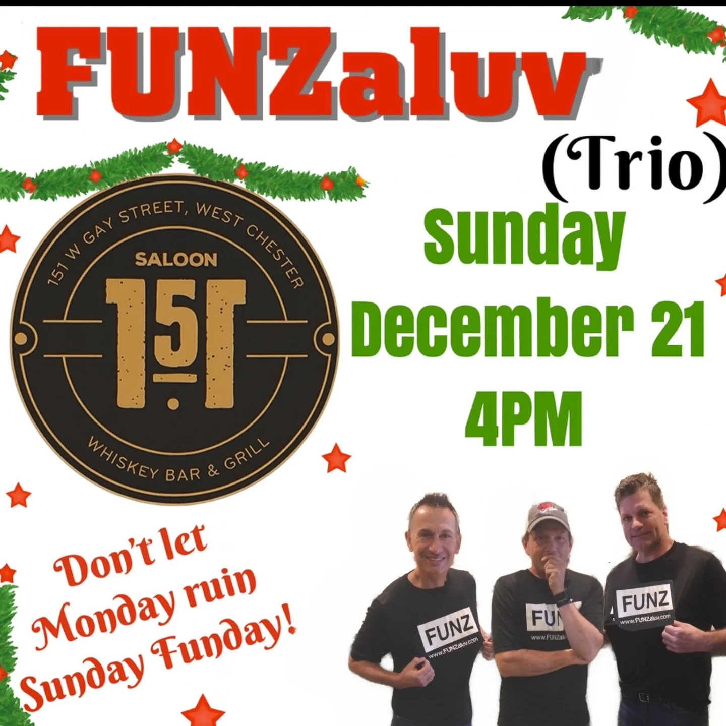 Sunday Funday done right 😎🎄
🎷 Jingle Bell Jam with FUNZaluv Trio
⏰ 4PM | 📍 Saloon 151

🍺 $3 Miller Lites
🥩 $8 Cheesesteaks
🍟 $9 Saloon Fries (all day)
🪣 $25 Sun Cruiser Buckets (8&ndash;12)

Don&rsquo;t let Monday ruin it 🍻