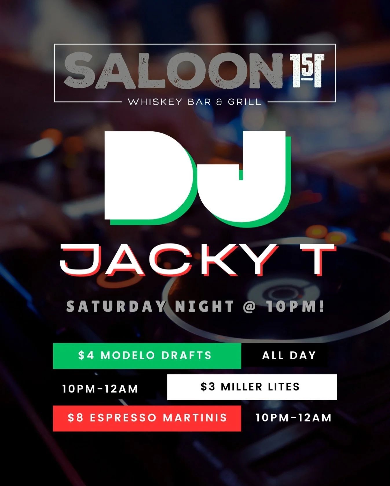 🎧 Saturday Night at Saloon 151 🎧
DJ Jacky T starting at 10PM
🔥 $4 Modelo drafts all day
🍺 $3 Miller Lites (10PM&ndash;12AM)
🍸 $8 Espresso Martinis (10PM&ndash;12AM)
Let&rsquo;s dance.