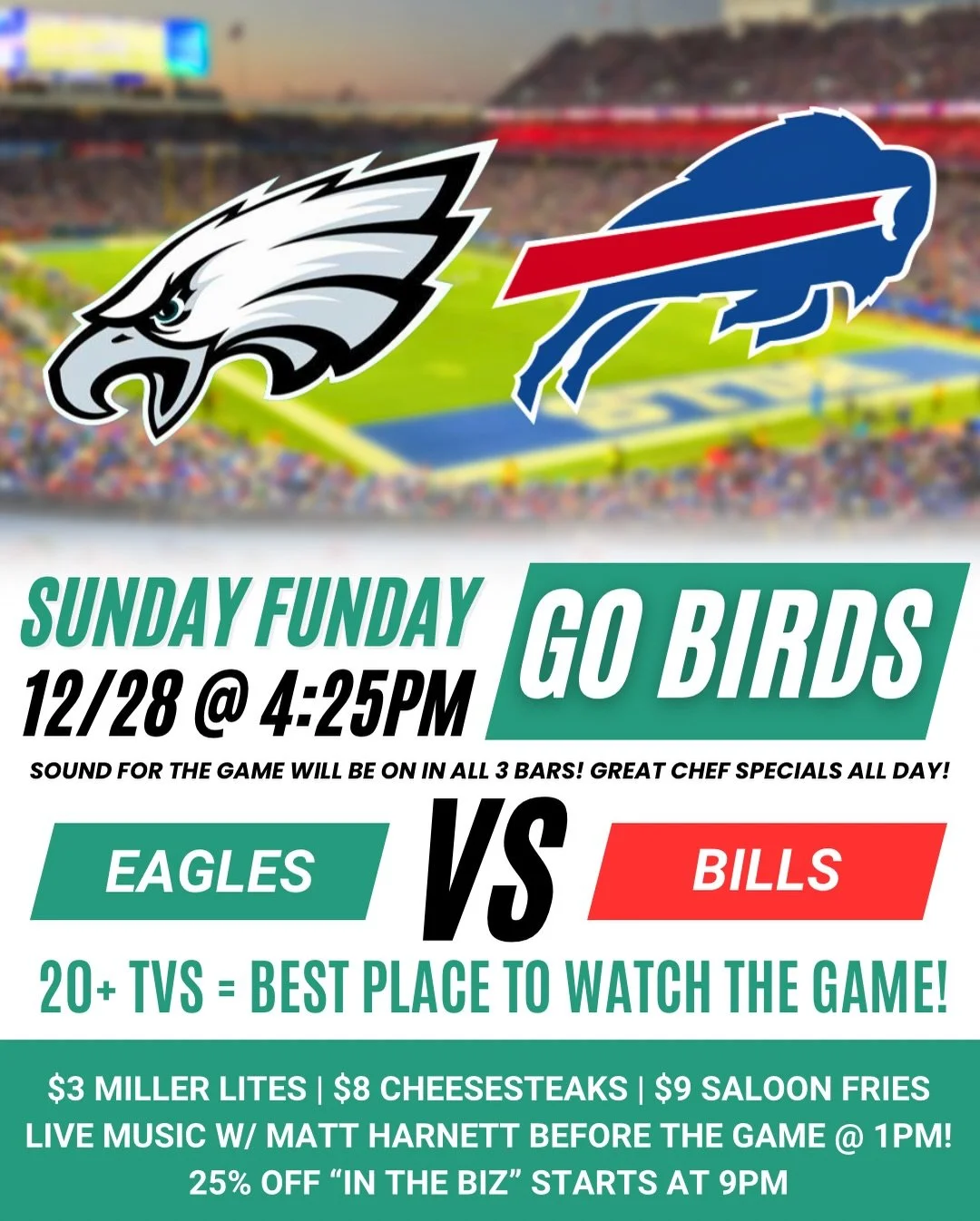 SUNDAY FUNDAY 🦅🍻
It&rsquo;s Philadelphia Eagles vs Buffalo Bills and we&rsquo;re locked in for kickoff!

🏈 4:25PM kickoff
🔊 Sound ON in all 3 bars
📺 20+ TVs
🍺 $3 Miller Lites
🤤 $8 Cheesesteaks
😋 $9 Saloon Fries

🎶 Live music with Matt Harnet