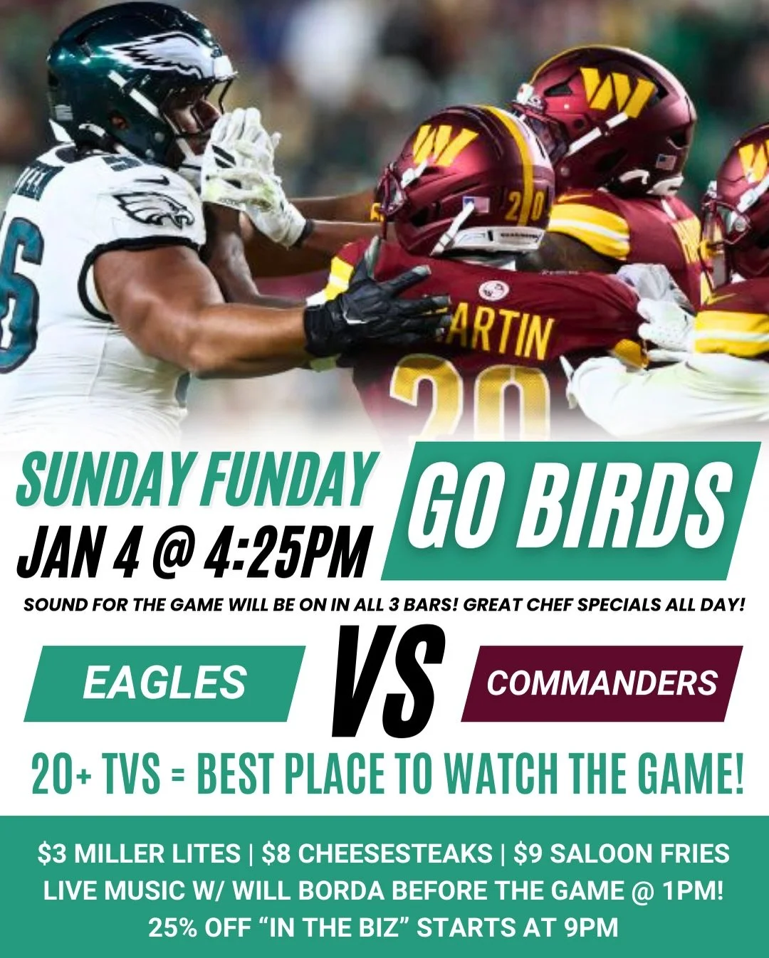 🦅 SUNDAY FUNDAY 🦅
Sound ON for Eagles vs Commanders at 4:25PM &mdash; pregame with LIVE music from @will.borda starting at 1pm 🎸
$3 Miller Lites &bull; $8 Cheesesteaks &bull; $9 Saloon Fries
20+ TVs &bull; All 3 bars &bull; All day vibes
GO BIRDS 