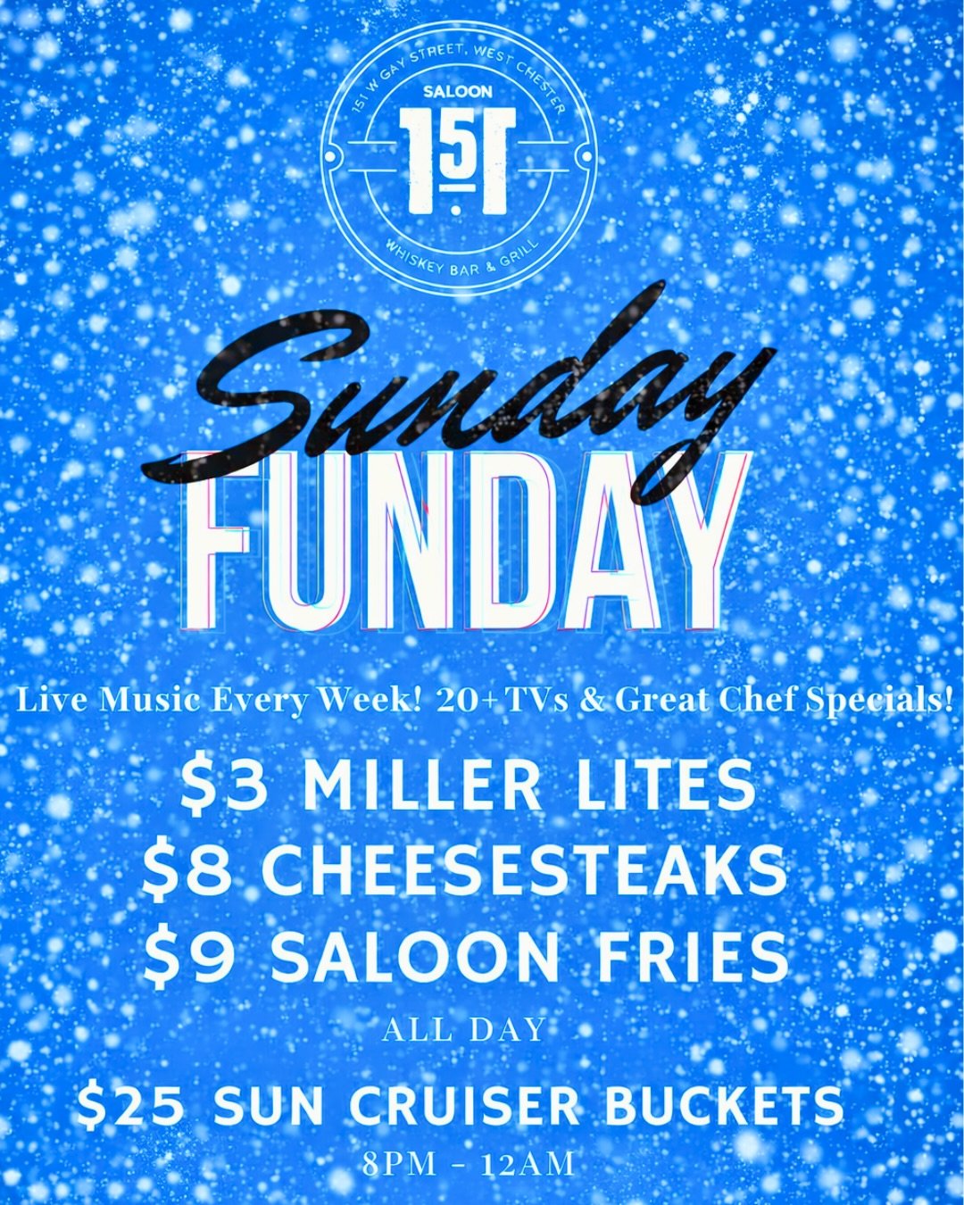 If it&rsquo;s snowing&hellip; we&rsquo;re pouring. ❄️🍺
Sunday Funday is ON at Saloon 151
$3 Miller Lites all day
NFL Football on the TVs &amp; Live music w/ @_harnett (4PM but depending on the storm might be later)
No snow day excuses. See ya soon ?