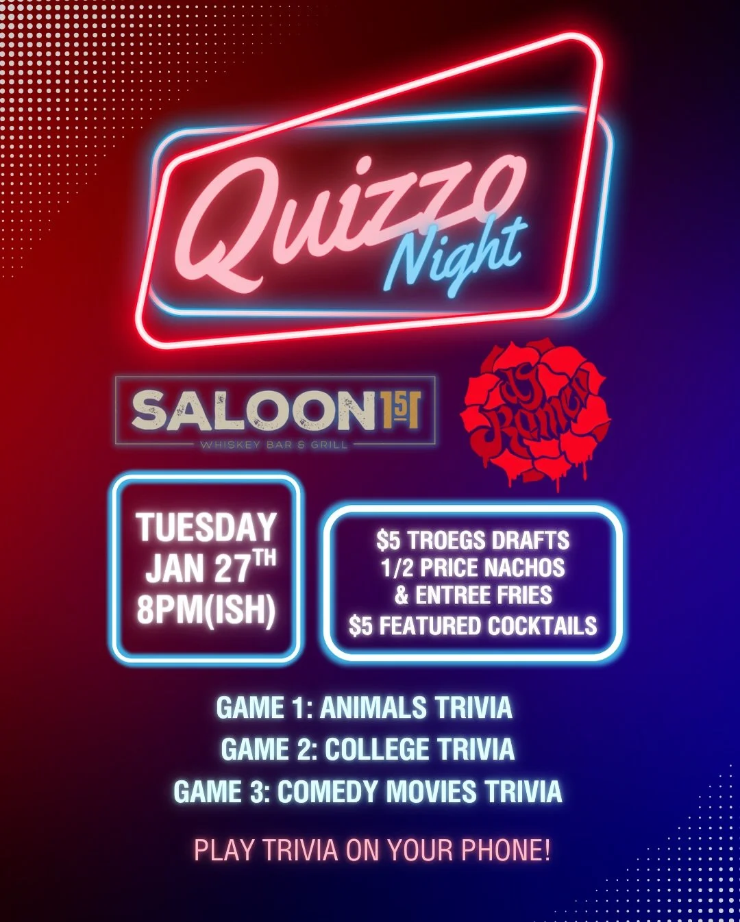 🧠✨ QUIZZO NIGHT ✨🧠
Tuesday &bull; Jan 27 &bull; 8PM(ish)
📍 Saloon 151

🎯 3 games, 3 chances to win. Top 3 teams get prizes each game! 
Game 1: Animals
Game 2: College Trivia
Game 3: Comedy Movies

🍻 $5 Troegs drafts
😋 1/2 price nachos &amp; ent