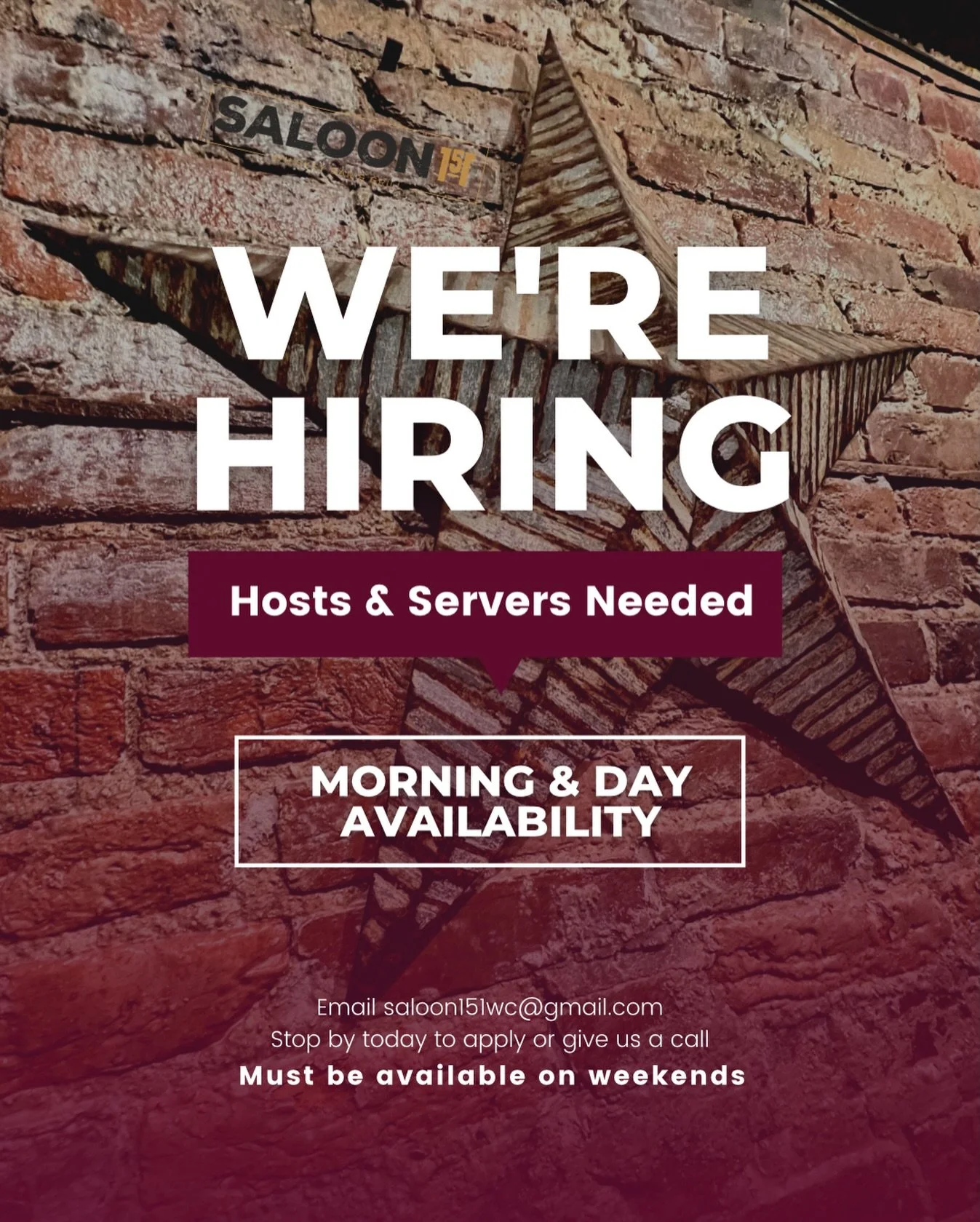 🚨 WE&rsquo;RE HIRING 🚨

Saloon 151 is adding hosts &amp; servers to the team!
☀️ Morning &amp; daytime availability needed
📆 Weekend availability required

📧 Email saloon151wc@gmail.com or stop in to apply.