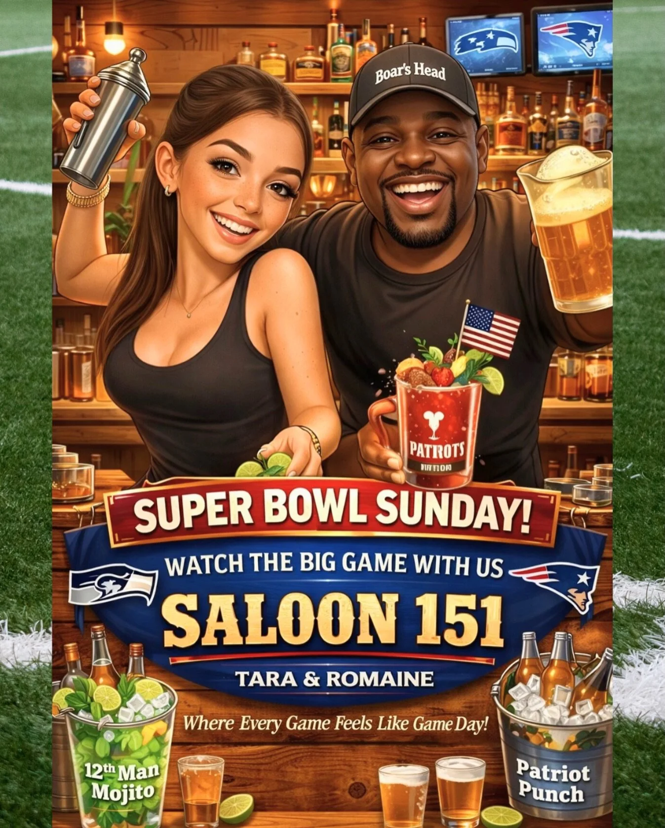 Super Bowl Sunday just got better 🍺
Tara &amp; Romaine are behind the bar, game on, and the drinks will be flowing.
Come hang, cheer loud, and make Saloon 151 your game day home. 🏈 🏆