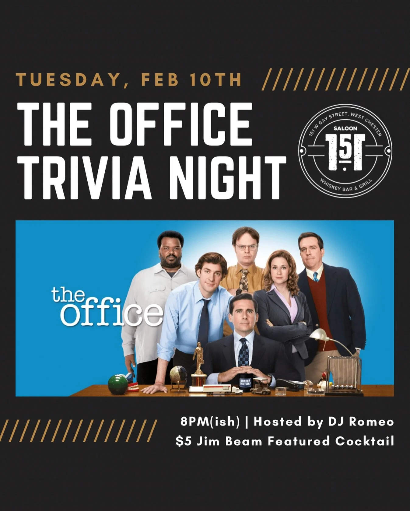 Bears. Beets. Bourbon. 🥃📄
The Office Trivia Night is ON tonight at Saloon 151 &mdash; and Jim Beam will be in the house 👀

🕗 8PM(ish)
🎤 Hosted by DJ Romeo
🥃 $5 Jim Beam featured cocktail
🧠 Office superfans encouraged

Come early, grab a drink,