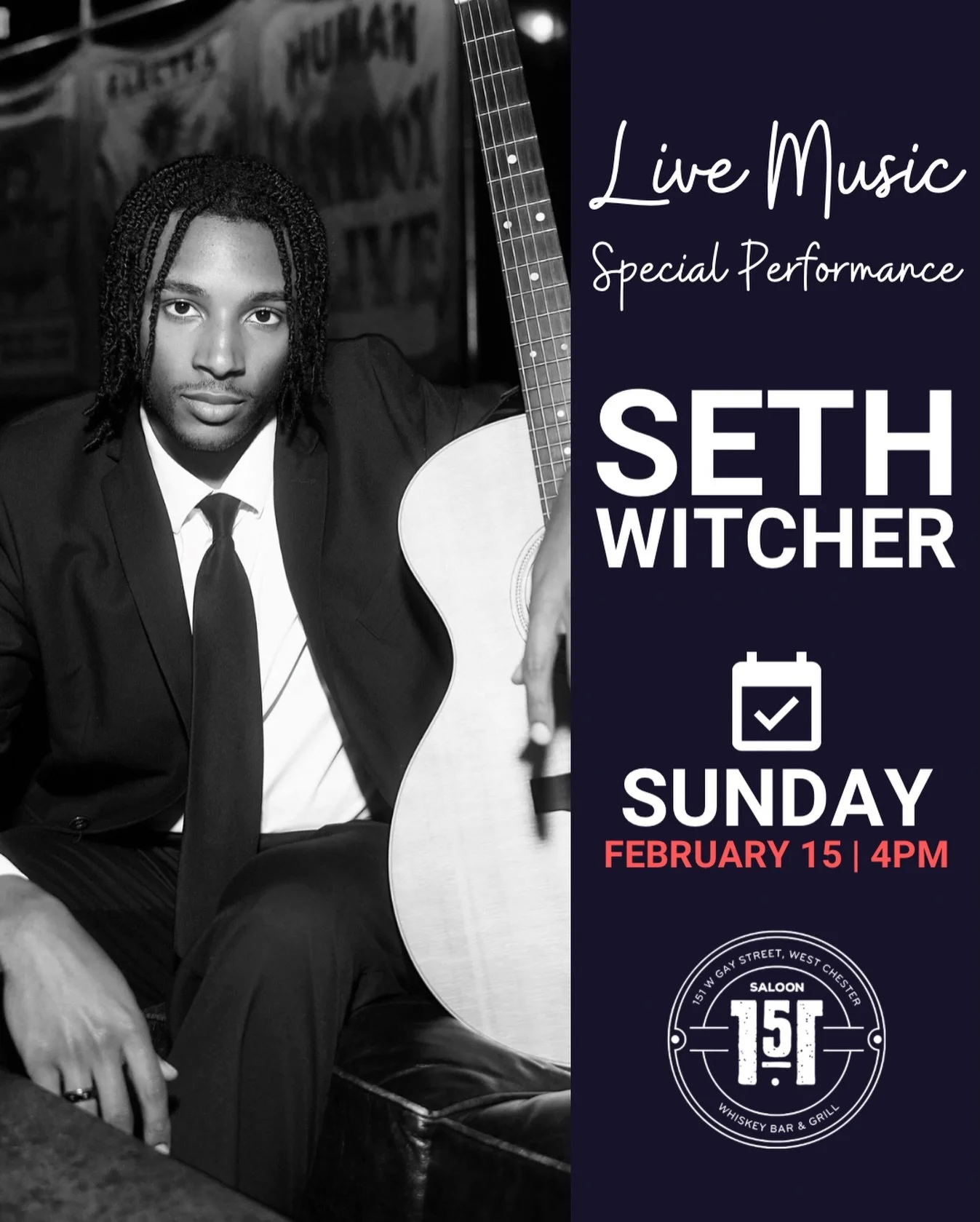 This Sunday at Saloon 151, we&rsquo;re excited to welcome back Seth Witcher 🎶

Seth is a singer-songwriter and a current American Idol Season 24 contestant, known for blending heartfelt lyrics with a mix of alternative rock, pop, emo-core, indie, an