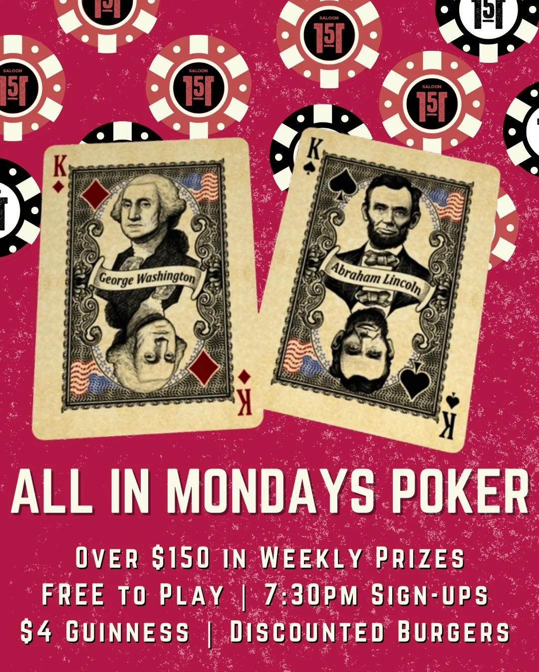 🇺🇸 Happy President&rsquo;s Day &spades;️&hearts;️&clubs;️&diams;️ All In Mondays &ndash; Free Weekly Poker Night!
🃏 Sign-ups start at 7:30PM &ndash; bring your poker face and win big. 🍔 Burger Monday &ndash; Every burger on our menu is discounted