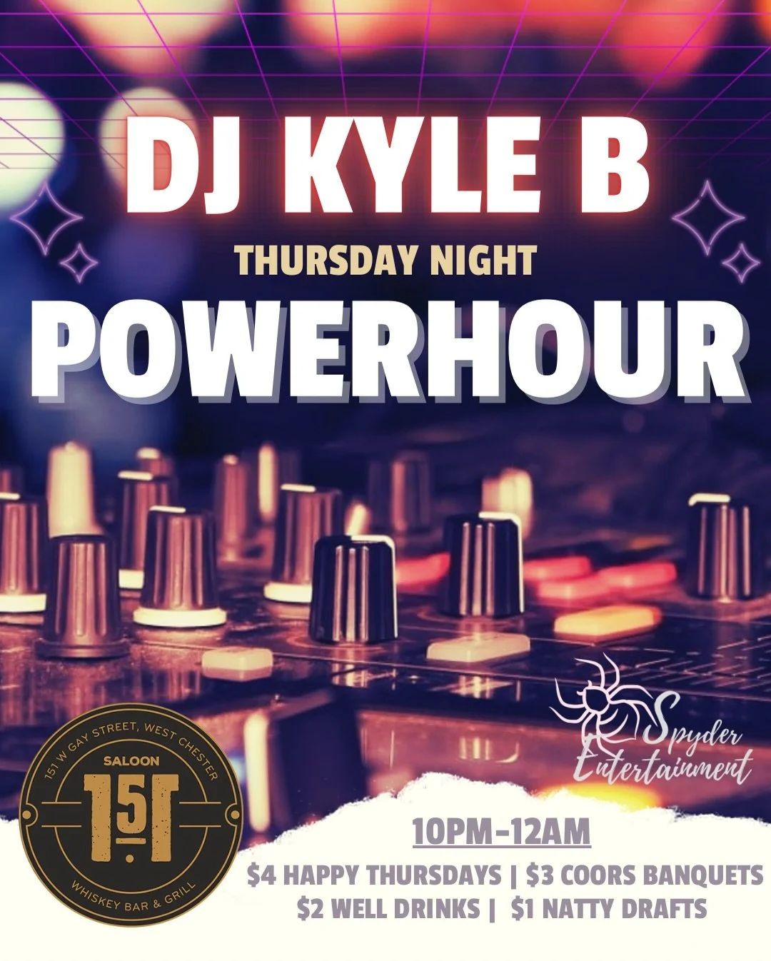 ⚡️Thursday nights = POWER2HOUR at Saloon 151!⚡️
DJ Kyle B is taking over at 10pm, while you crush some of the best drink deals in town 🍻🎶
🔥
It&rsquo;s the late-night energy you need to kick off the weekend early &mdash; see you soon for WING DAY! 