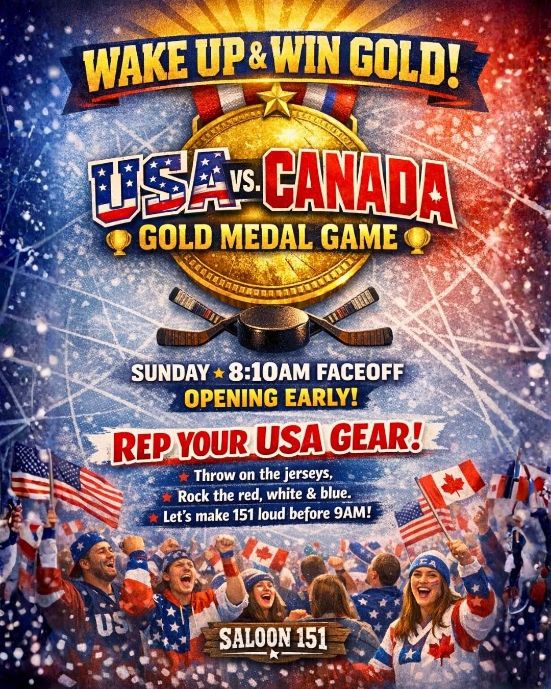 🥇🇺🇸 WAKE UP &amp; WIN GOLD! 🇺🇸🥇

It&rsquo;s USA vs. Canada for the GOLD MEDAL and we&rsquo;re opening early at Saloon 151 to catch every second.

🗓 Sunday
⏰ 8:10AM Faceoff
🚪 Early Shift Menu 😋 

Throw on your USA gear, rock the red, white &a