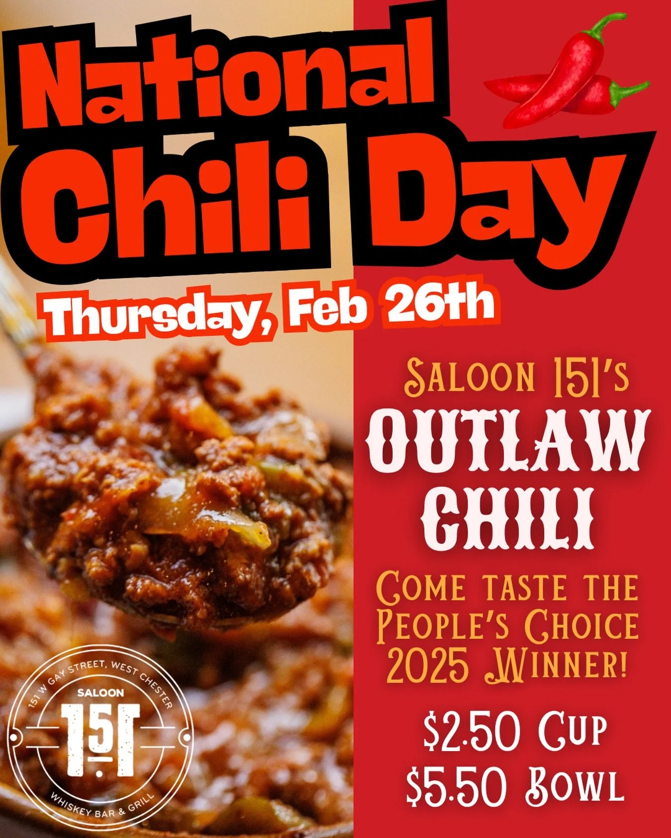 🌶️🔥 Thursday is National Chili Day 🔥🌶️

Thursday, Feb 26th we&rsquo;re turning up the heat for National Chili Day with our legendary Outlaw Chili 🤠

🏆 Come taste the People&rsquo;s Choice 2025 Winner!
This isn&rsquo;t just chili&hellip; it&rsqu