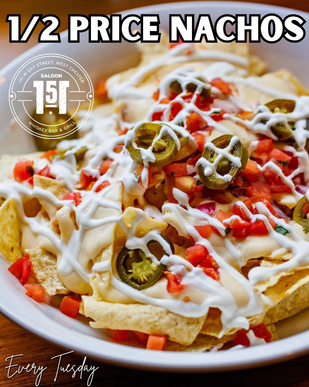 🔥 1/2 PRICE NACHOS every Tuesday at Saloon 151 🔥

Loaded, melty, piled high, and absolutely built for sharing (or not&hellip; we don&rsquo;t judge 😏). Crispy chips, gooey cheese, fresh pico, jalape&ntilde;os, and all the good stuff &mdash; for HAL