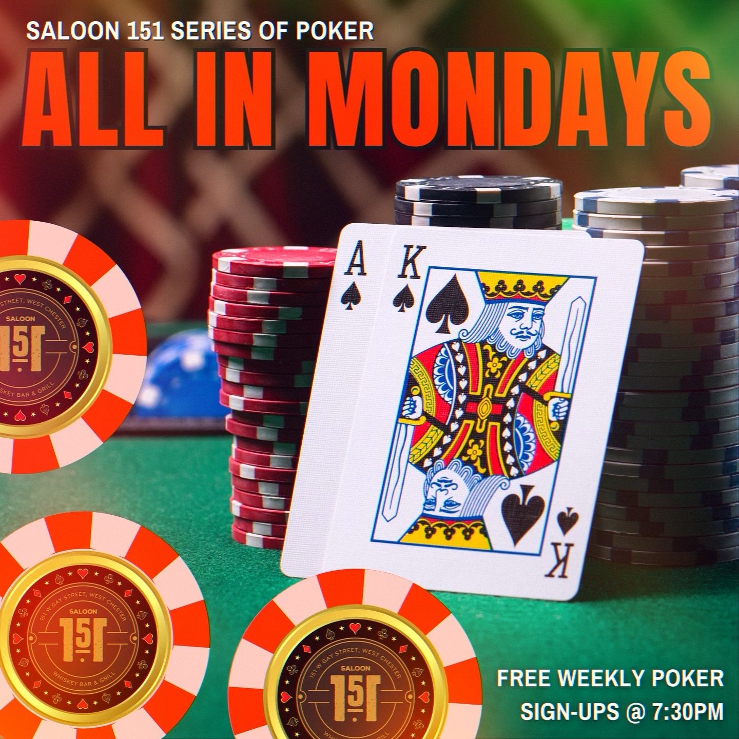 &spades;️&hearts;️&clubs;️&diams;️ All In Mondays &ndash; Free Weekly Poker Night!
🃏 Sign-ups start at 7:30PM &ndash; bring your poker face and win big. 🍔 Burger Monday &ndash; Every burger on our menu is discounted, or Build Your Own Burger starti
