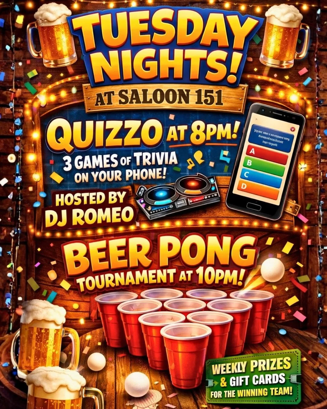 We&rsquo;ve officially turned Tuesdays into your new favorite excuse to go out.

🧠 Quizzo kicks off at 8PM
3 games of trivia played right on your phone.
Prizes. Bragging rights. DJ Romeo on the mic.

🔥 TONIGHT&rsquo;S THEME: MARVEL &amp; DC TRIVIA
