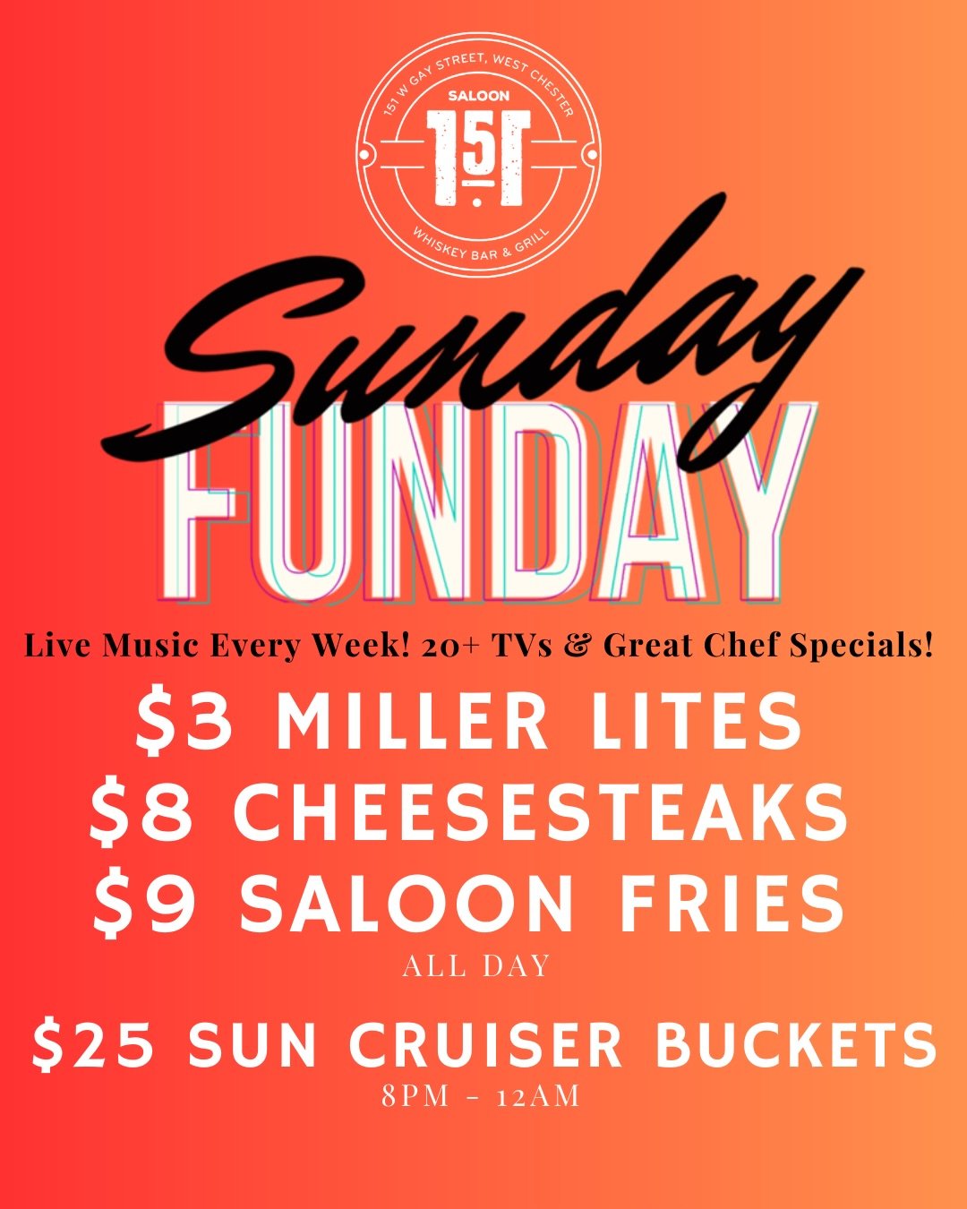 Sundays done right at Saloon 151 🔥
😋 $8 Cheesesteaks ALL DAY
🍺 $3 Miller Lites
🪣 5 for $25 Sun Cruisers (8PM&ndash;12AM)
🎶 Live music w/ Matt Harnett 4PM
💼 25% off In The Biz starting at 9PM

Pull up hungry. Stay late.