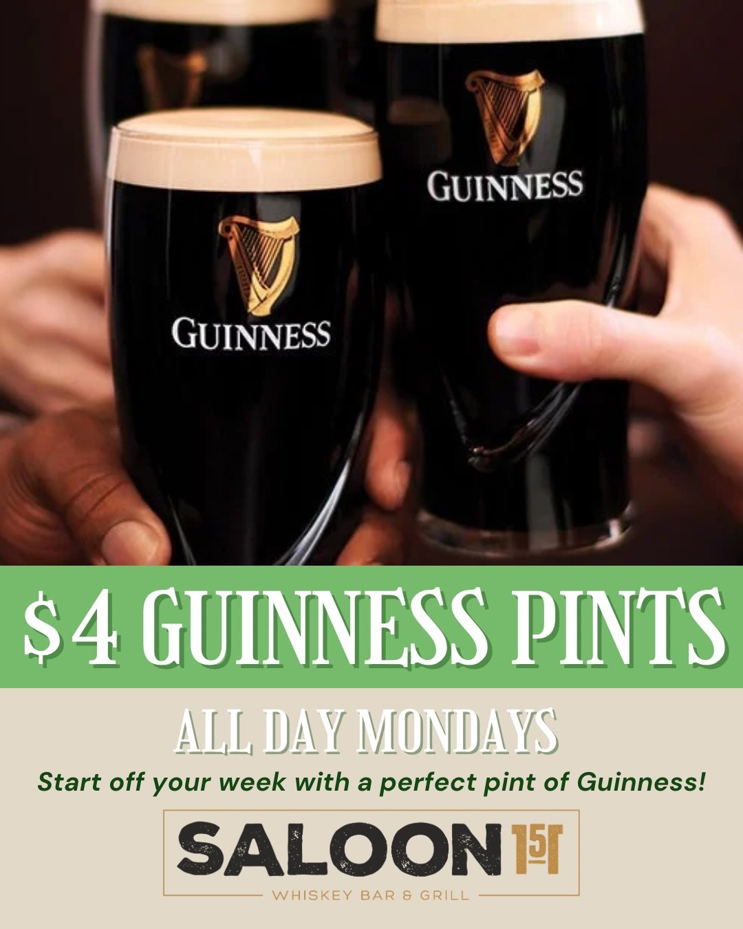 ☘️ $4 Guinness Pints all day long! &spades;️&hearts;️&clubs;️&diams;️ All In Mondays &ndash; Free Weekly Poker Night!
🃏 Sign-ups start at 7:30PM &ndash; bring your poker face and win big. 🍔 Burger Monday &ndash; Every burger on our menu is discount