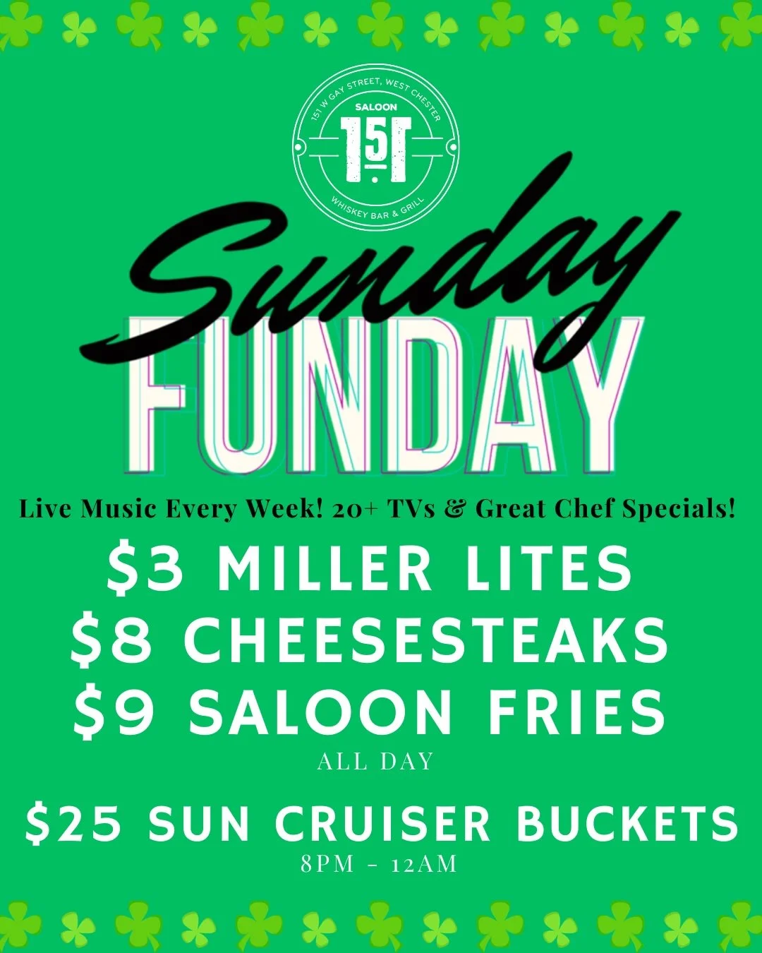 Sundays done right at Saloon 151 ☘️ 
😋 $8 Cheesesteaks ALL DAY
🍺 $3 Miller Lites
🪣 5 for $25 Sun Cruisers (8PM&ndash;12AM)
🎶 Live music w/ Matt Harnett at 4PM
😉 25% off In The Biz starting at 9PM

Pull up hungry. Stay late.