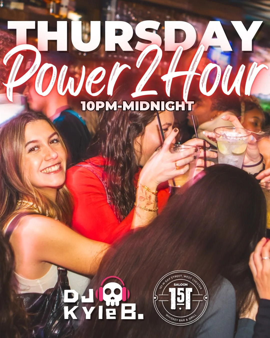 ⚡️Thursday nights = POWER2HOUR at Saloon 151!⚡️
DJ Kyle B is taking over at 10pm, while you crush some of the best drink deals in town 🍻🎶
🔥
It&rsquo;s the late-night energy you need to kick off the weekend early &mdash; see you soon for WING DAY! 