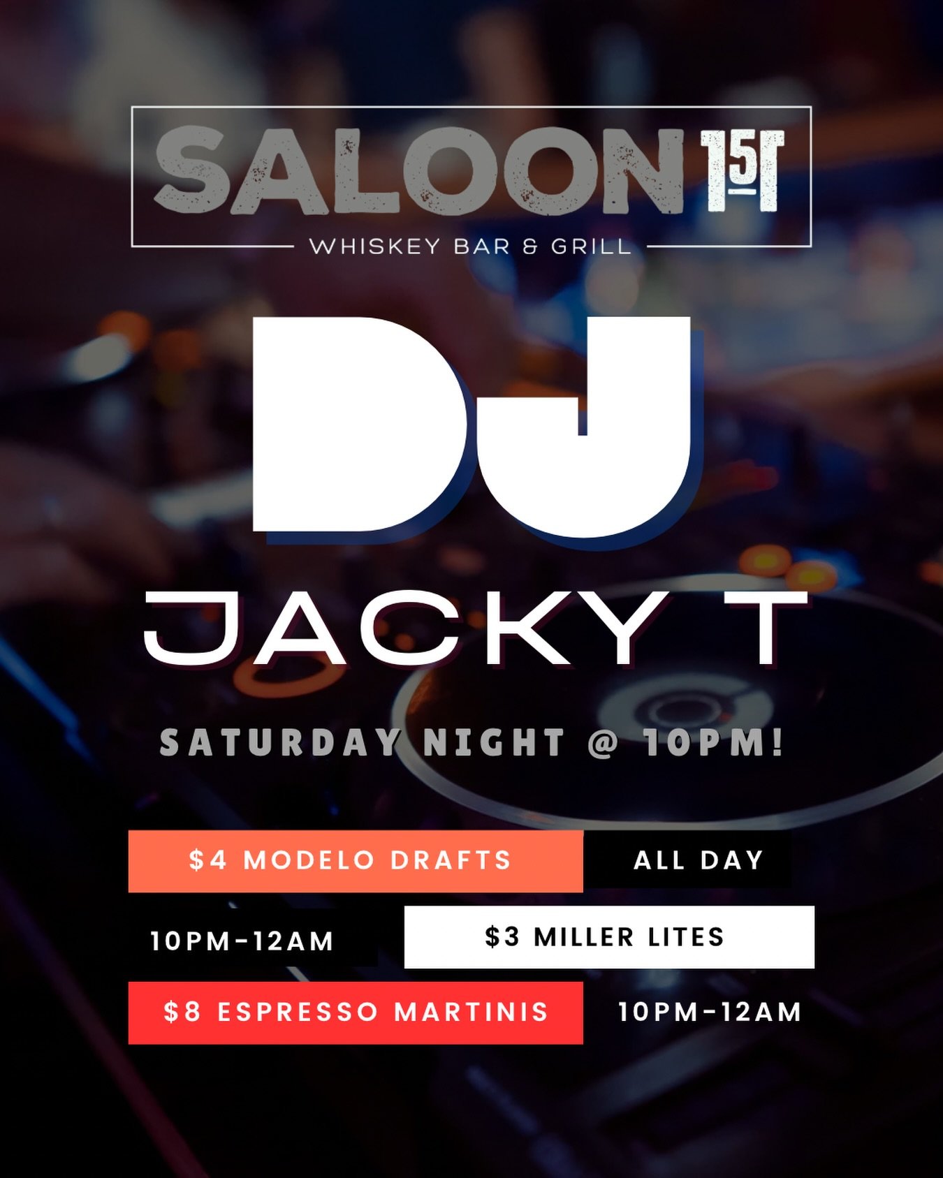 Saturday = DJ Jacky T 🎧🔥
10PM start. Drink specials locked in.

Pull up.