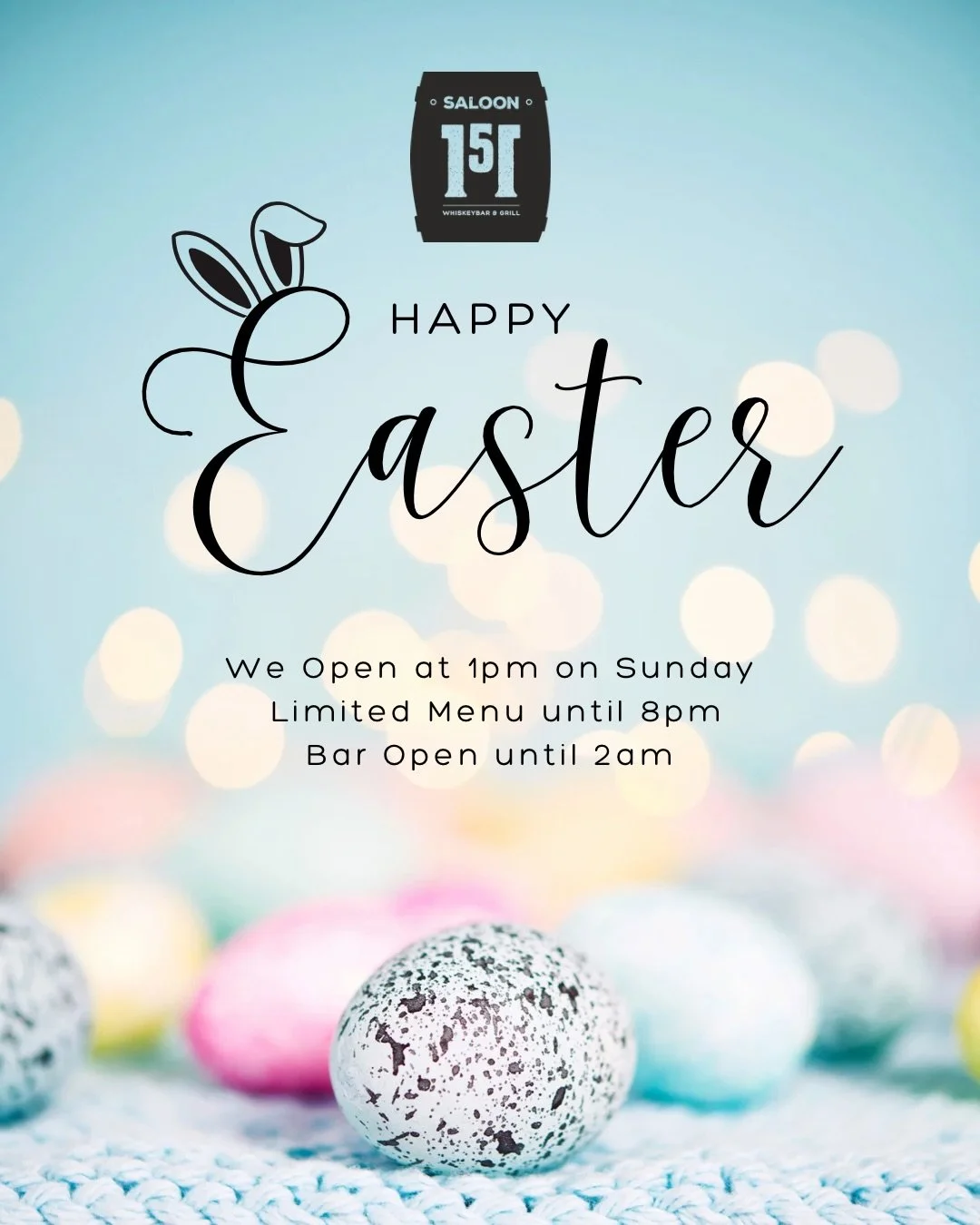 🐰🌸 EASTER SUNDAY @ SALOON 151 🌸🐰

YES &mdash; we&rsquo;re open. 👀🍻

🎸 Live Music w/ Matt Harnett | 4PM&ndash;7PM
Start your day with great vibes, cold drinks, and something delicious.

🍻 All Day Specials:
$3 Miller Lites
$8 Cheesesteaks
$9 Sa