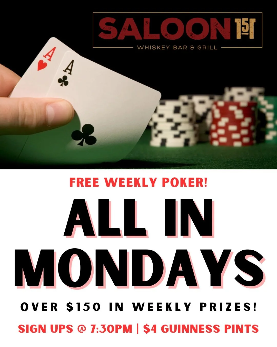 &spades;️&hearts;️&clubs;️&diams;️ All In Mondays &ndash; Free Weekly Poker Night!
🃏 Sign-ups start at 7:30PM &ndash; bring your poker face and win big. 🍔 Burger Monday &ndash; Every burger on our menu is discounted, or Build Your Own Burger starti