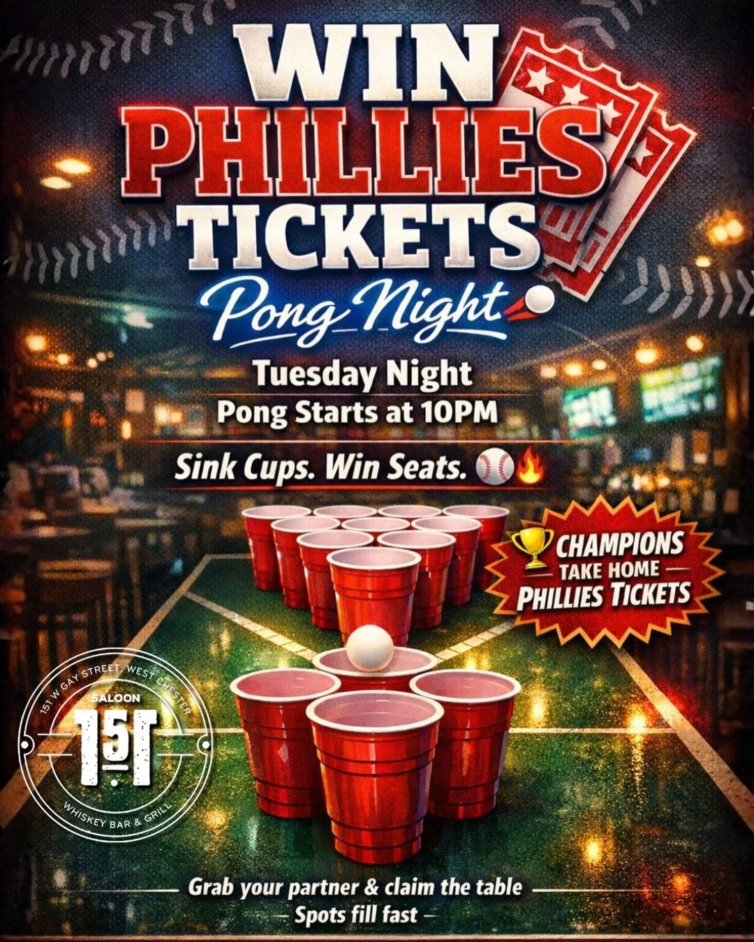 Game Night Tuesdays just leveled up 🔥

We&rsquo;re bringing the energy every week with our Pong Tournament &mdash; and this one has a huge PRIZE! ⚾️ 

🏓 Pong starts at 10PM - Sign-up link in our bio 
🏆 Champions take home Phillies tickets (to Sund