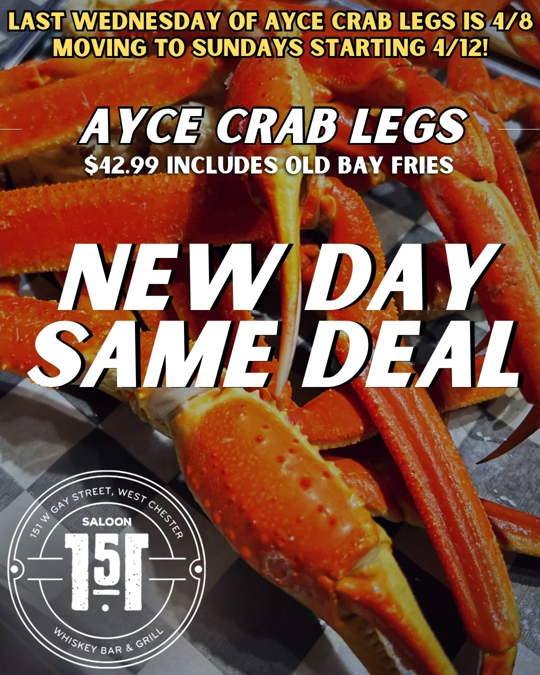 🦀 Today is the LAST Wednesday to get AYCE Crab Legs! We&rsquo;re switching back to Sundays starting this weekend from 3pm-9pm 🦀