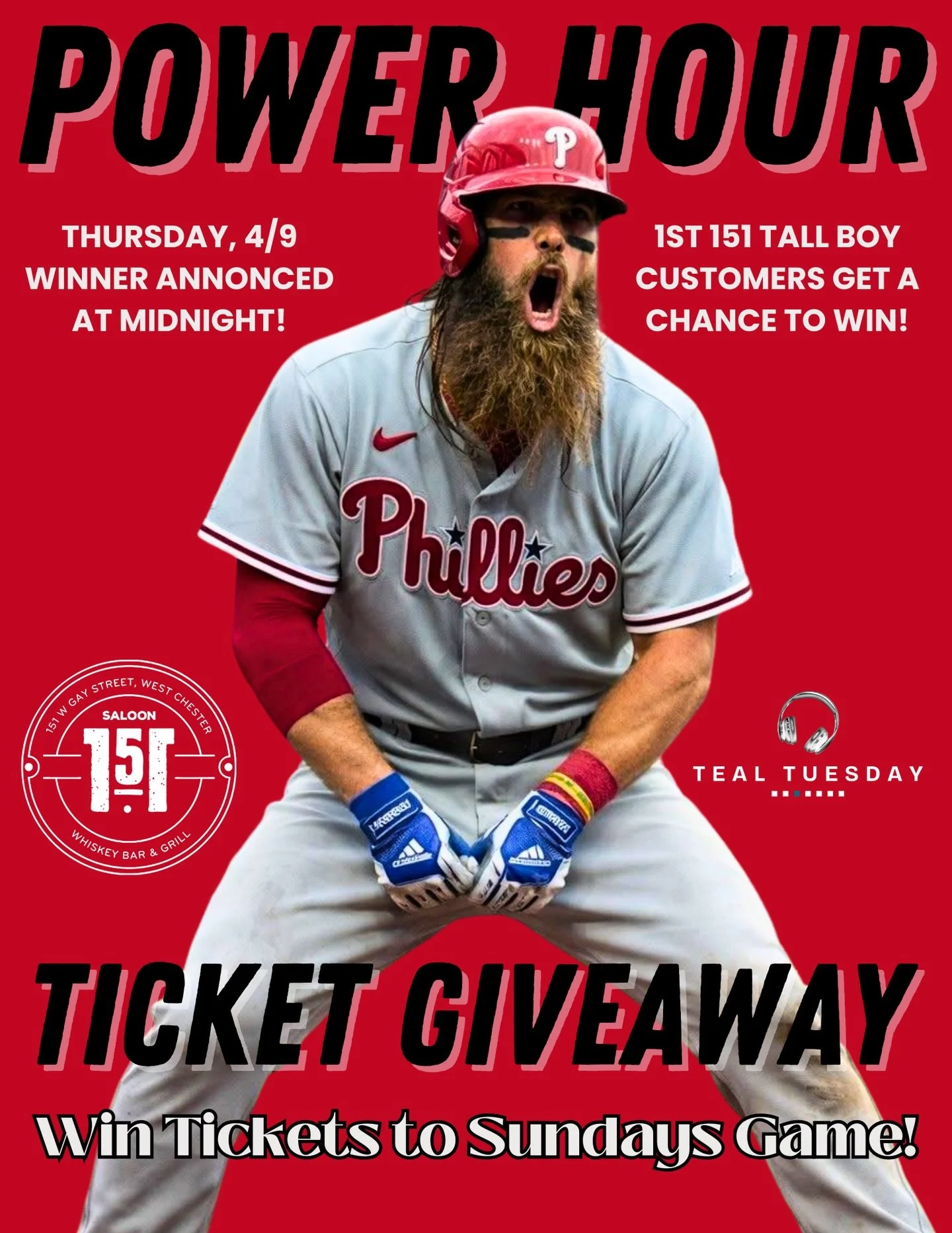 ⚡️ POWER HOUR = FREE TICKETS ⚡️

TONIGHT we&rsquo;re turning up at Saloon 151 with a shot at Phillies tickets for Sunday&rsquo;s game 🔔⚾️

🍻 The first 151 Tall Boy drink customers during Power Hour get entered to win
🎟 Winner announced at MIDNIGHT