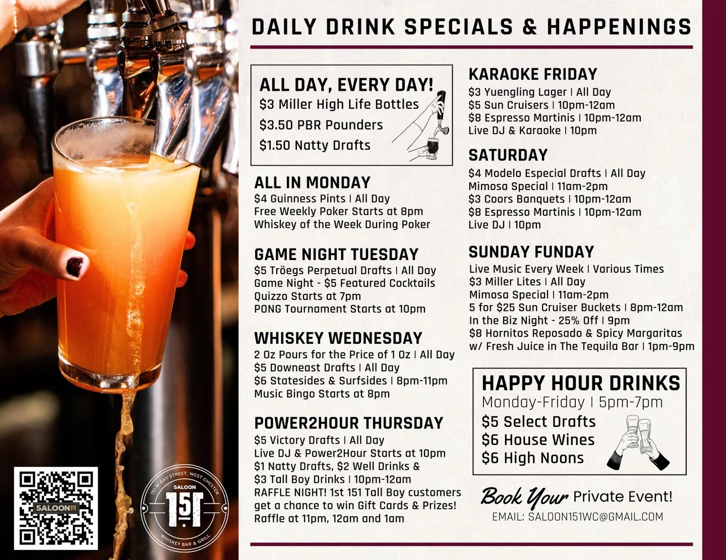 🚨 NEW WEEKLY SPECIALS &amp; HAPPENINGS ARE HERE 🚨
Your game plan at Saloon 151 just got a serious upgrade&hellip;

We&rsquo;ve got something going on every single day &mdash; from all-day drink deals to late-night energy you won&rsquo;t find anywhe