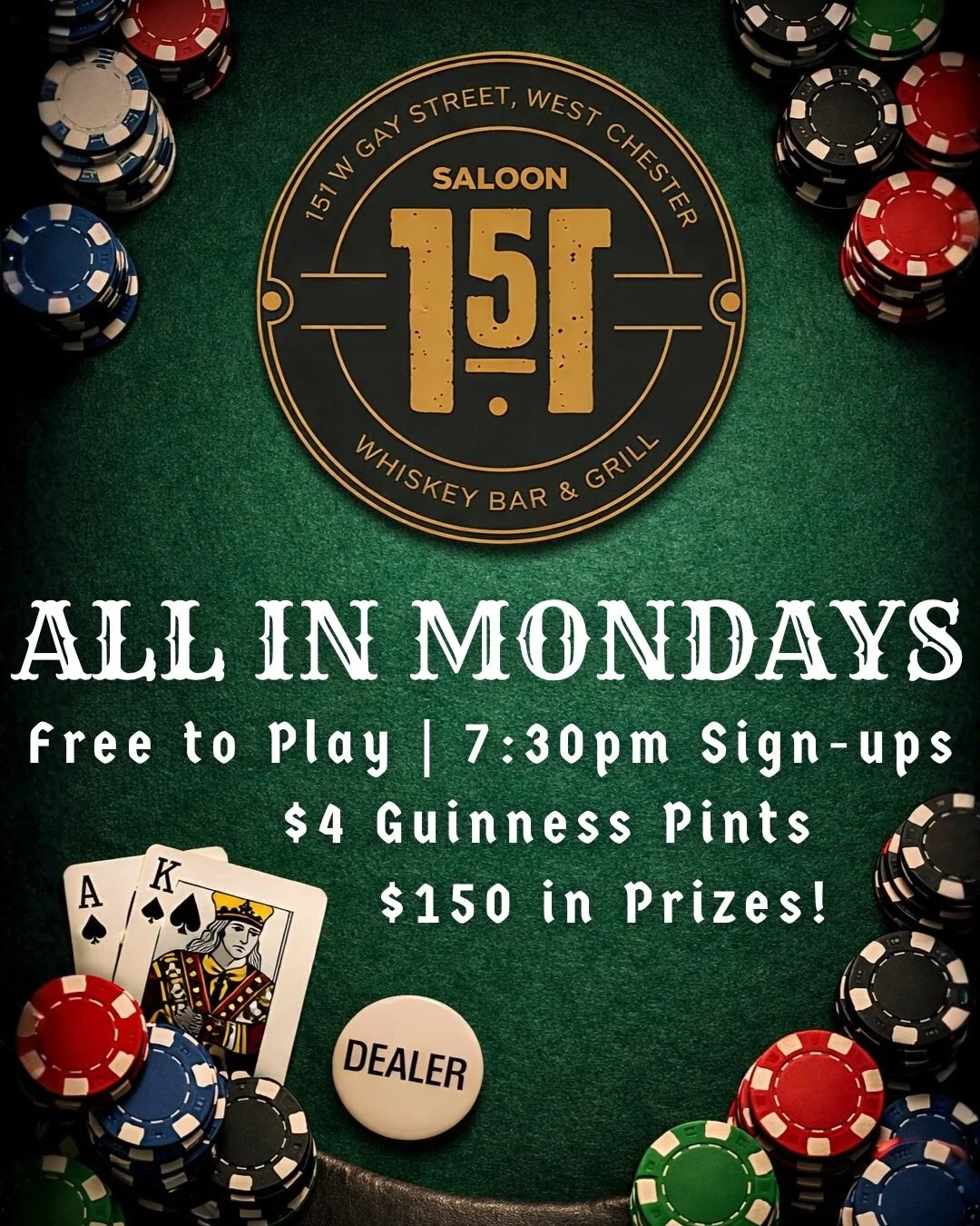 &spades;️&hearts;️&clubs;️&diams;️ All In Mondays &ndash; Free Weekly Poker Night!
🃏 Sign-ups start at 7:30PM &ndash; bring your poker face and win big. 🍔 Burger Monday &ndash; Every burger on our menu is discounted, or Build Your Own Burger starti