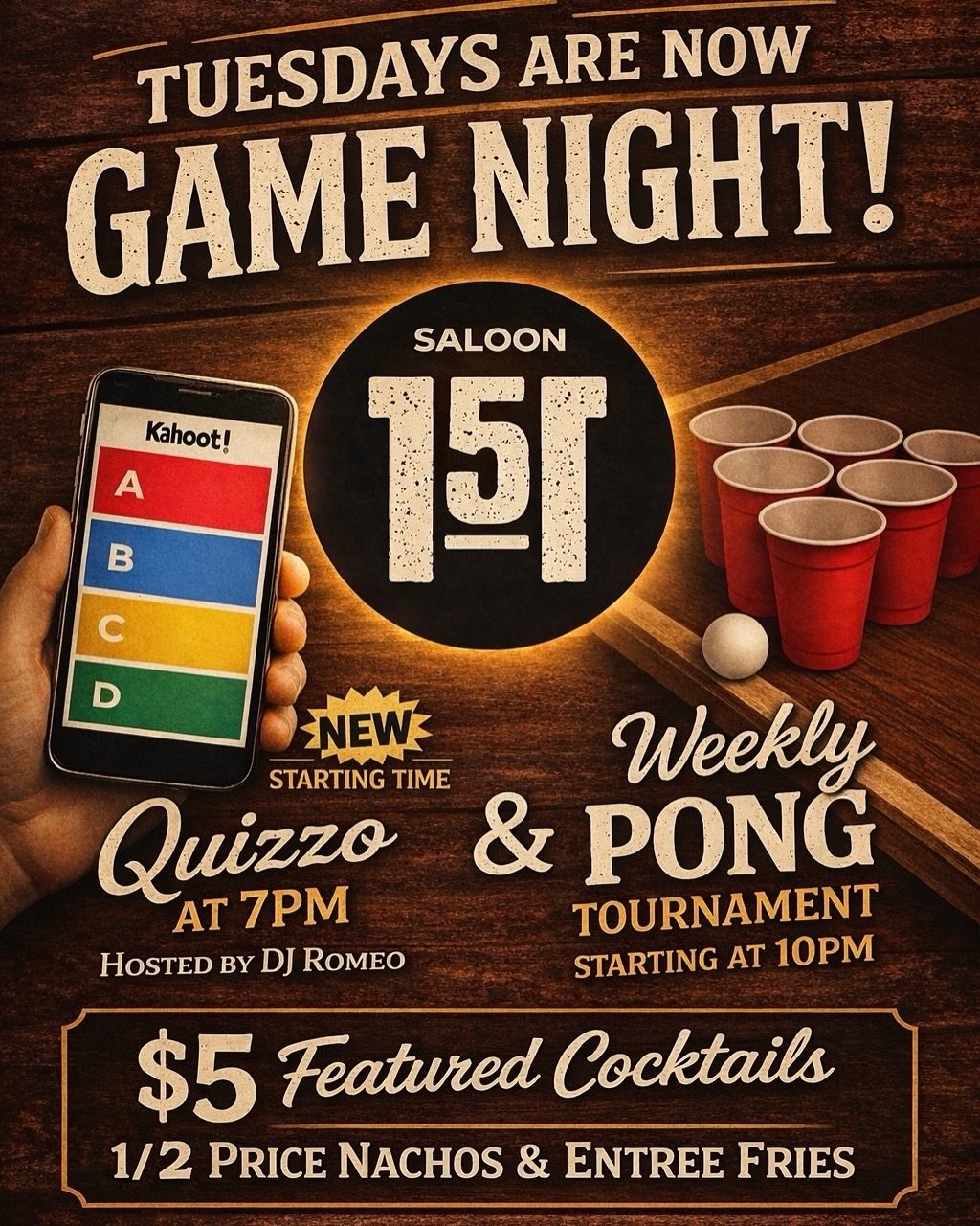 Tuesdays are now GAME NIGHT&hellip; 👀🔥

We&rsquo;re kicking things off with QUIZZO at 7PM &mdash; now with a NEW earlier start time so you can get your crew in, lock in your wins, and still have plenty of night left to keep it rolling.

Hosted by D
