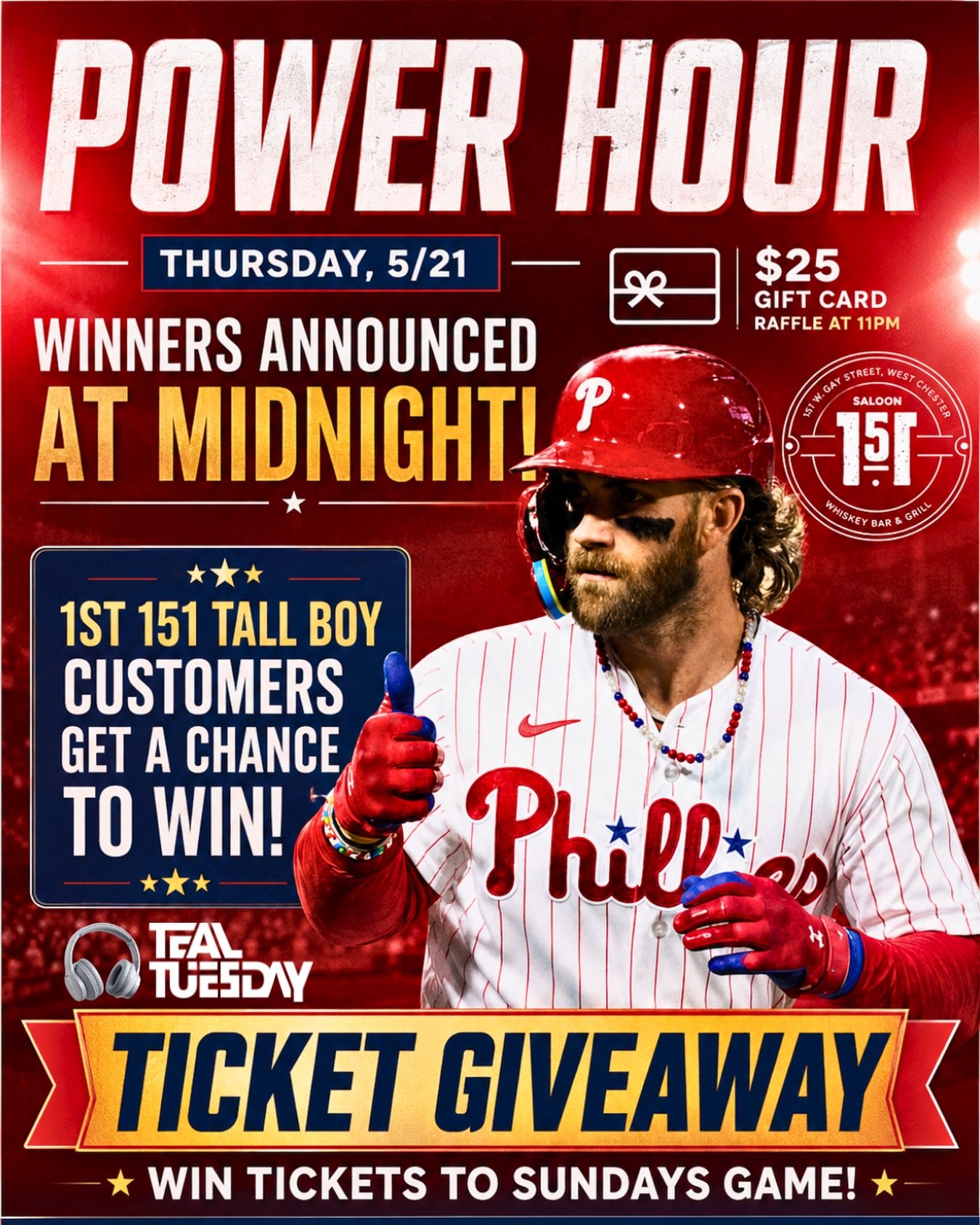 Win Phillies Tickets this week! ⚾️ Thursdays at Saloon 151 = Power2Hour 🍻⚡️

$1 Natties &bull; $2 Well Drinks &bull; $3 Tall Boys
10PM&ndash;12AM every Thursday night with weekly raffle prizes all summer long.

This week&rsquo;s giveaway:
🎟 Phillie