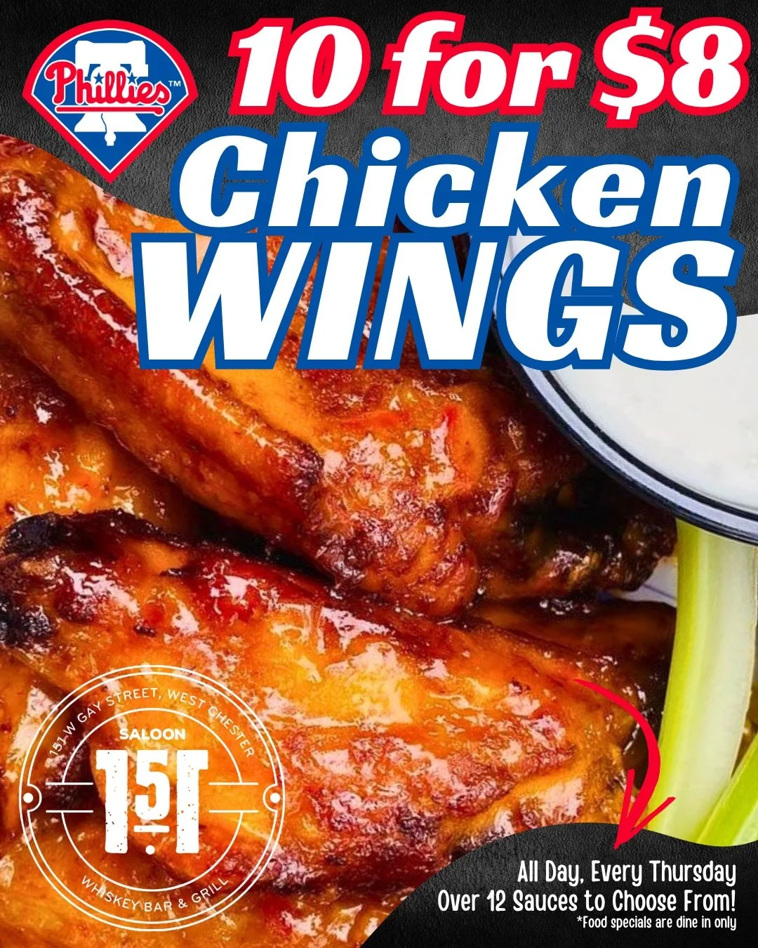 Win Phillies Tickets TONIGHT! ⚾️ Thursdays at Saloon 151 = Wing Day 🍗 $5 Victory Drafts 🍻 Power2Hour 🍺⚡️ 

$1 Natties &bull; $2 Well Drinks &bull; $3 Tall Boys
10PM&ndash;12AM every Thursday night with weekly raffle prizes all summer long.

This w