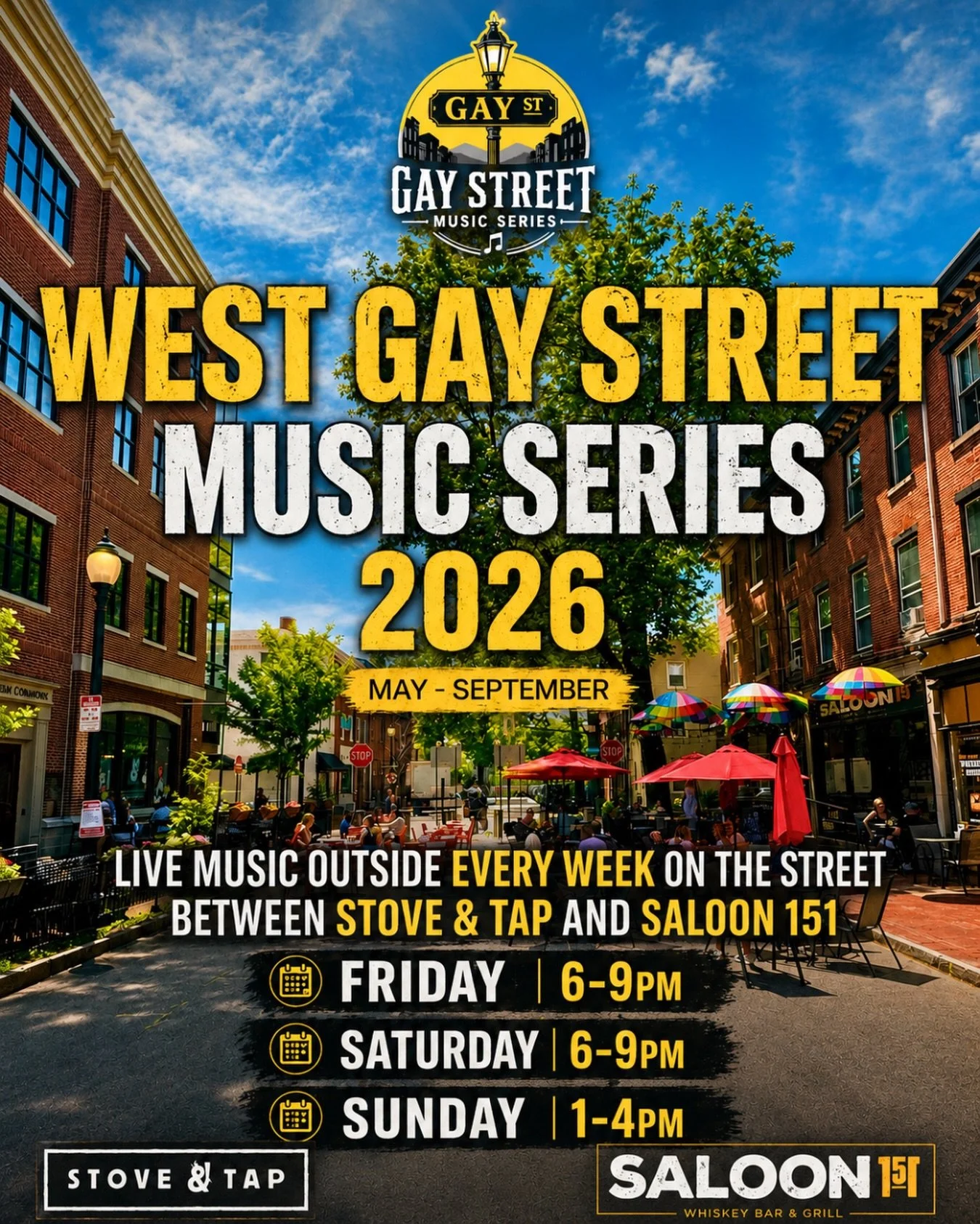 Live music on the street 🎶 (Weather permitting)

From Friday evenings to Sunday afternoons, join us in the heart of downtown West Chester for the 2026 West Gay Street Music Series. If the weather isn&rsquo;t cooperating the music will move inside.

