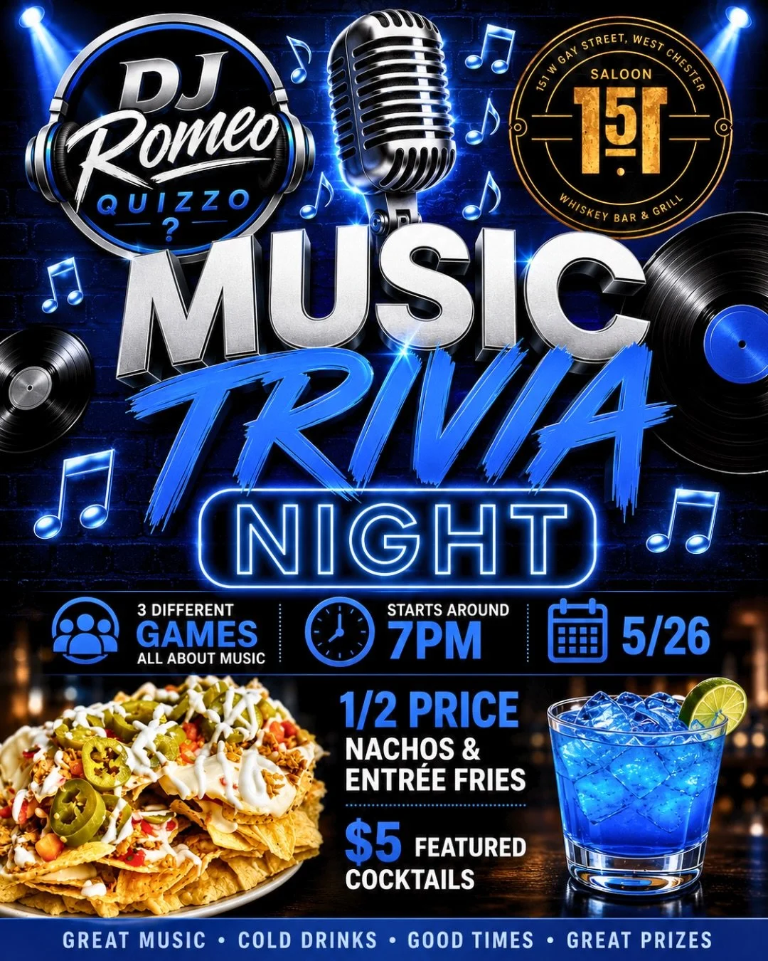 🏆🎶 Game Night at Saloon 151! 🎶🏆 

Grab your crew and test your knowledge on all things music tonight with DJ Romeo! 🎤🎵 

🏆 Top 3 teams win prizes
🍸 $5 featured cocktails &amp; TROEGS
😋 1/2 price nachos &amp; entr&eacute;e fries
🎯 3 games of