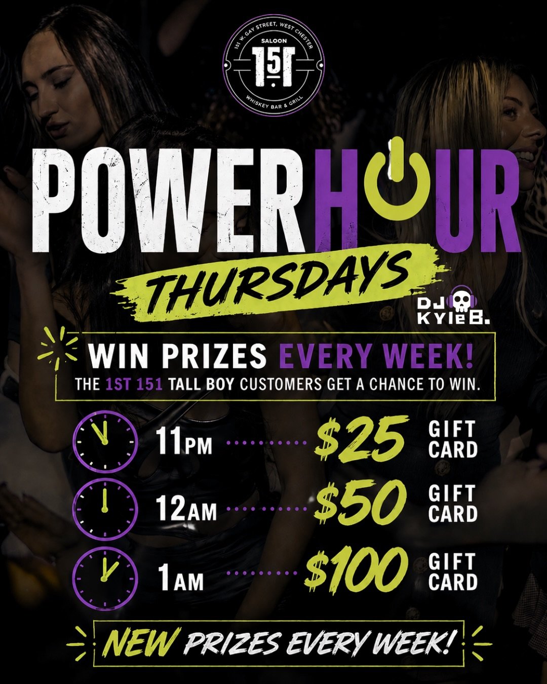 Power2Hour Thursdays at 151 ⚡️

DJ Kyle B kicks things off at 10PM

🍻 The first 151 Tall Boy customers get a shot to win:
11PM &ndash; $25 Gift Card
12AM &ndash; $50 Gift Card
1AM &ndash; $100 Gift Card

Plus it&rsquo;s WING DAY! 10 for $8 🍗 New pr